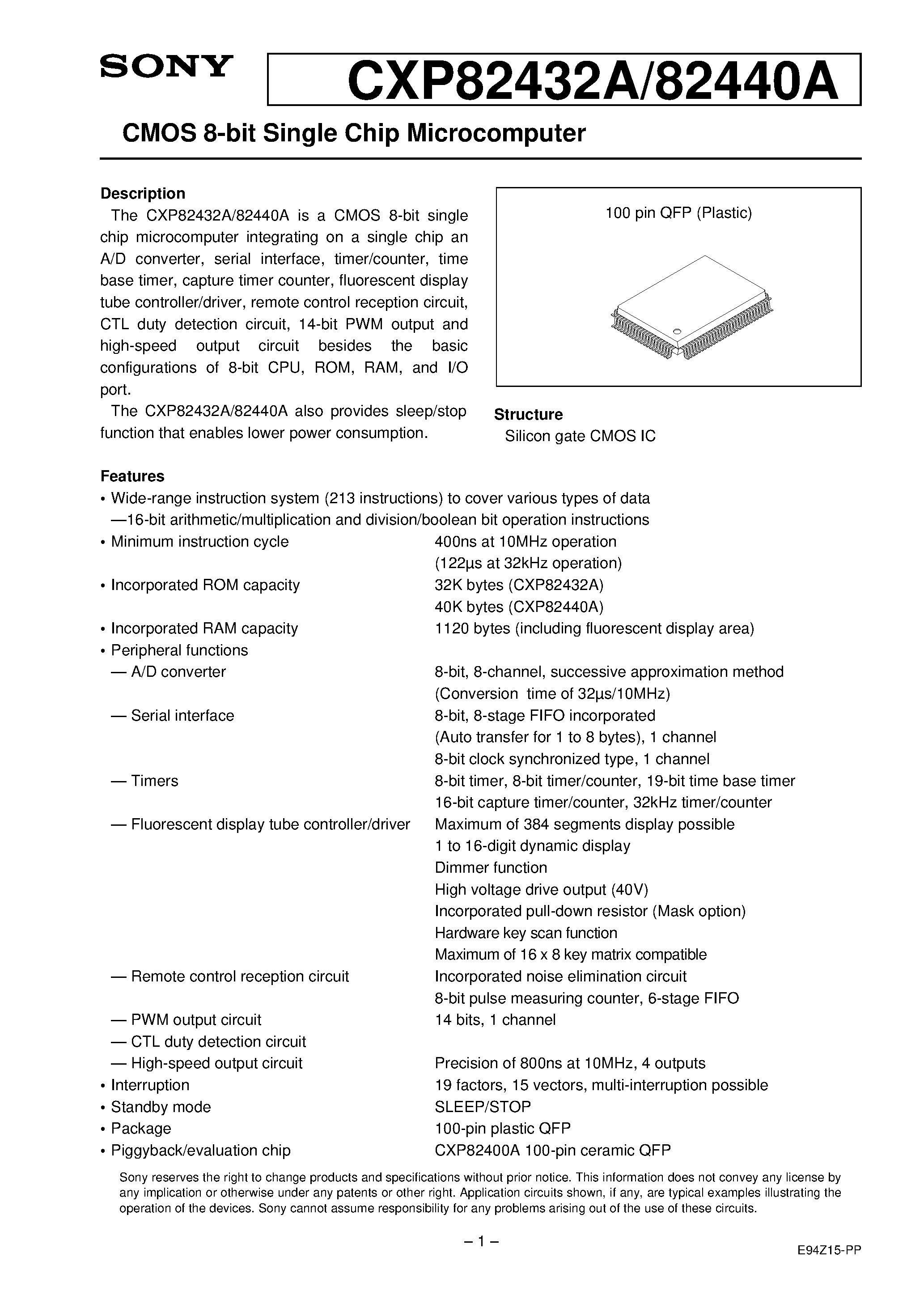 Даташит на микросхему CXP82432A страница 1 Даташит CXP82432A - CMOS 8-bit Single Chip Microcomputer страница 1