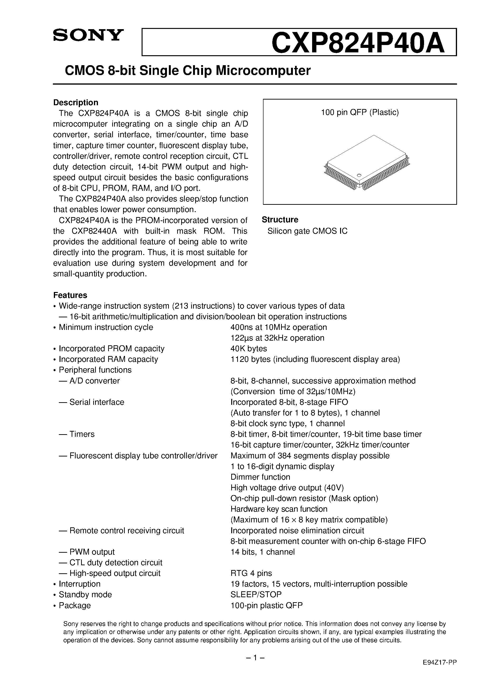 Даташит на микросхему CXP824P40A страница 1 Даташит CXP824P40A - CMOS 8-bit Single Chip Microcomputer страница 1