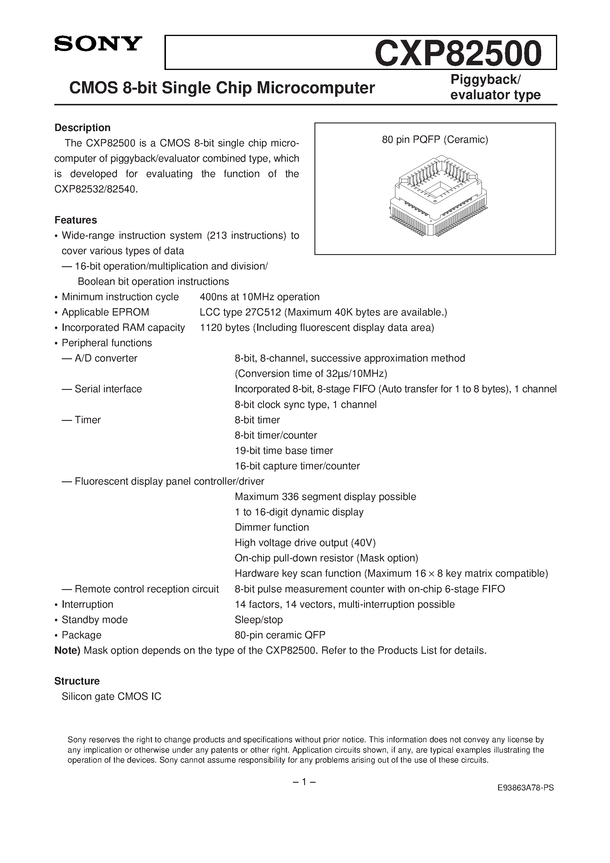 Даташит на микросхему CXP82500 страница 1 Даташит CXP82500 - CMOS 8-bit Single Chip Microcomputer страница 1