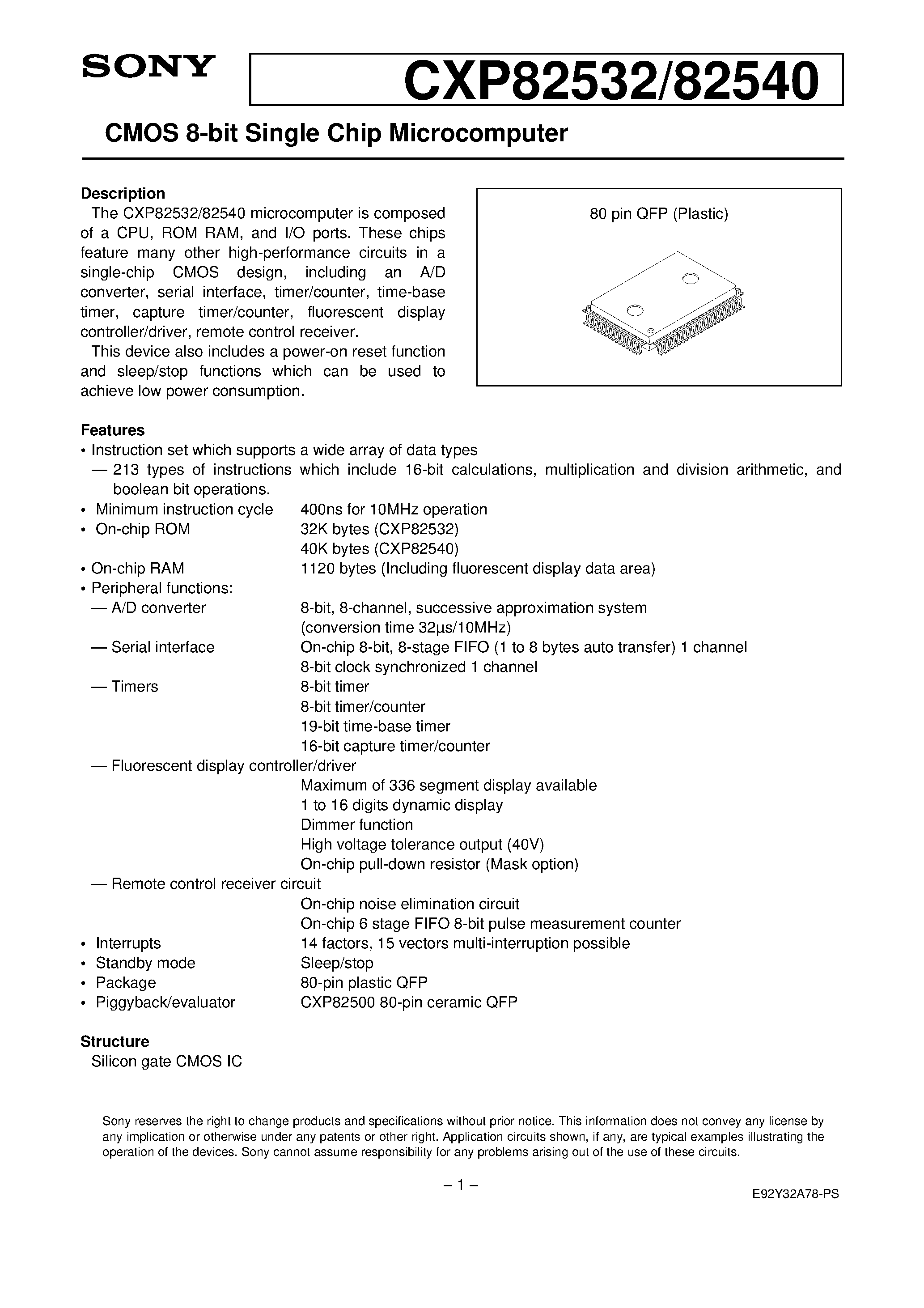 Даташит на микросхему CXP82532 страница 1 Даташит CXP82532 - CMOS 8-bit Single Chip Microcomputer страница 1