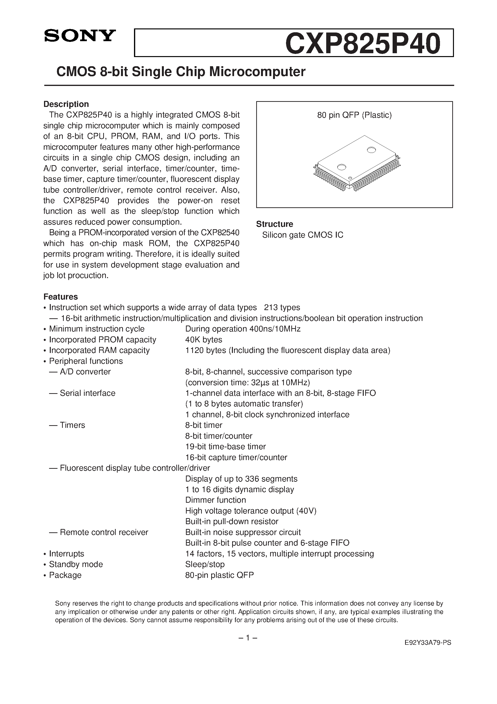 Даташит на микросхему CXP825P40 страница 1 Даташит CXP825P40 - CMOS 8-bit Single Chip Microcomputer страница 1