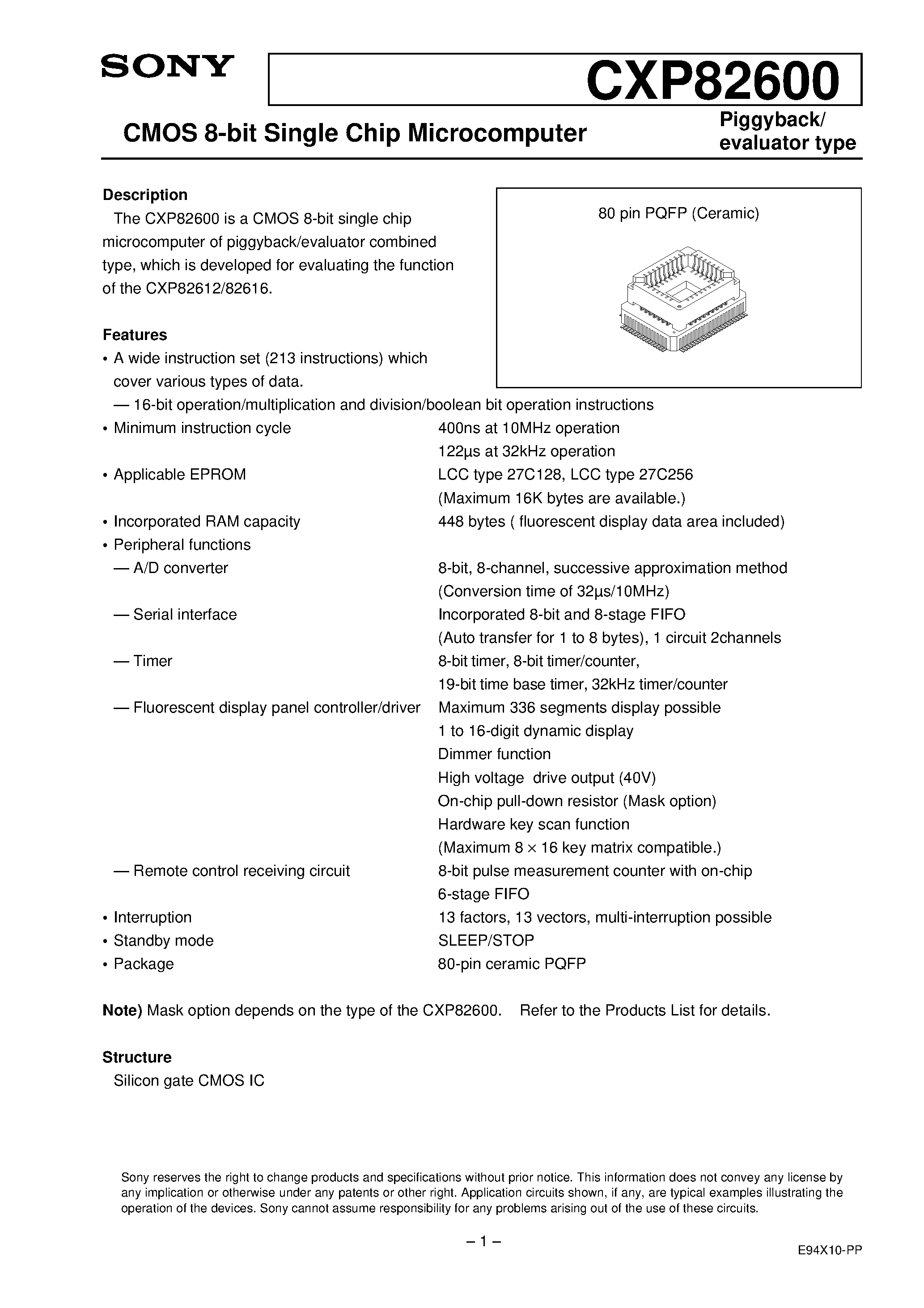 Даташит на микросхему CXP82600 страница 1 Даташит CXP82600 - CMOS 8-bit Single Chip Microcomputer страница 1