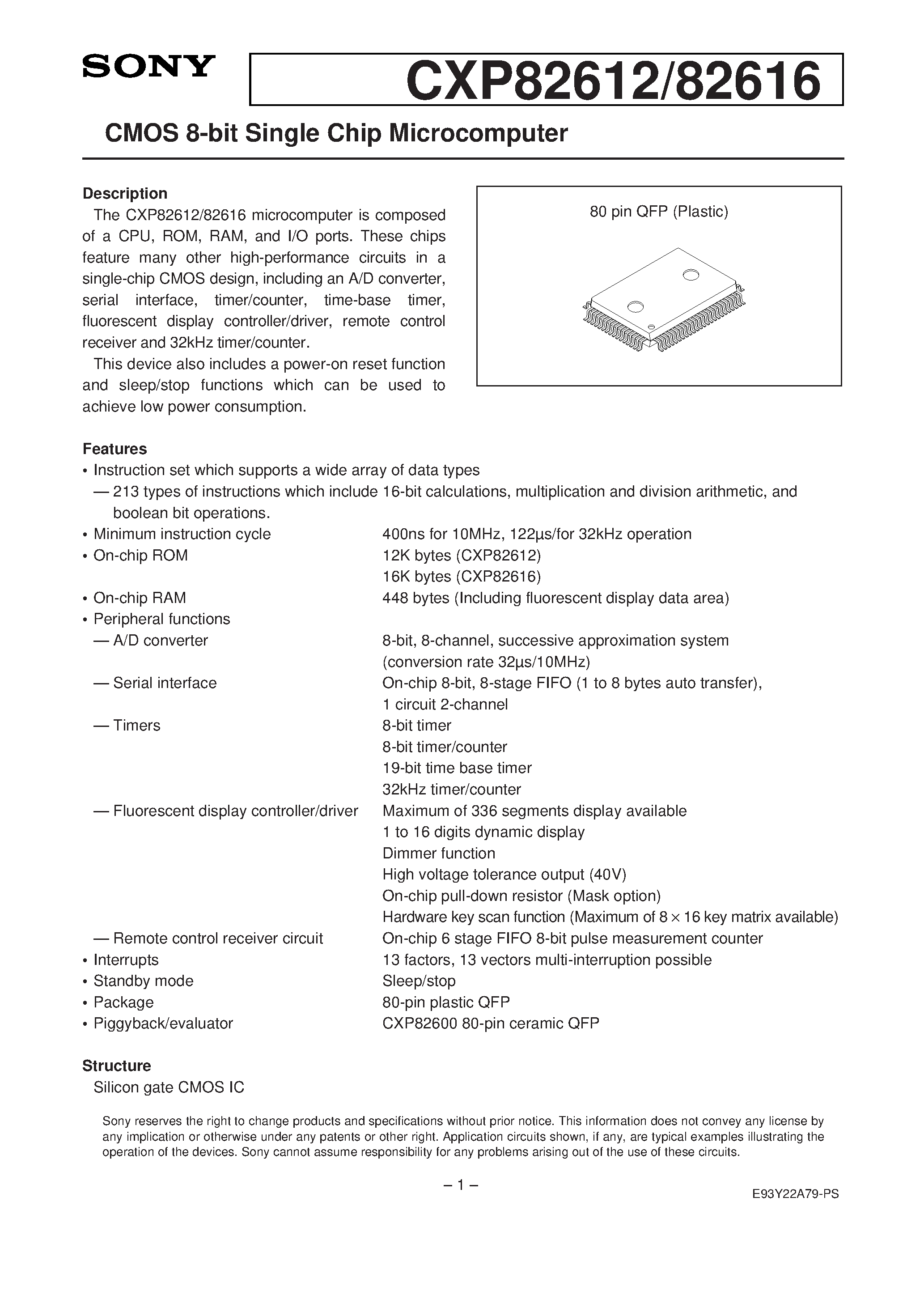 Даташит на микросхему CXP82616 страница 1 Даташит CXP82616 - CMOS 8-bit Single Chip Microcomputer страница 1