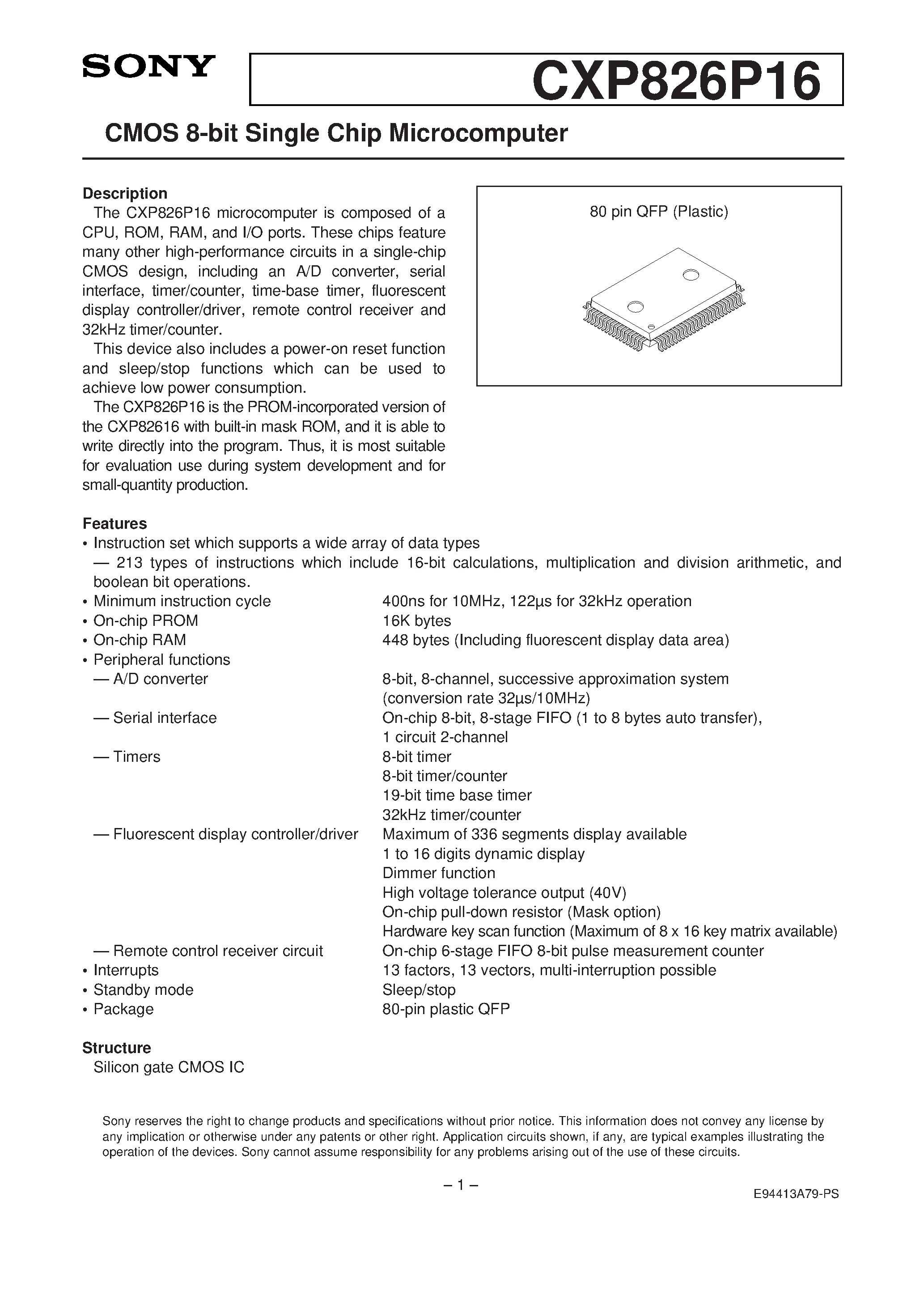 Даташит на микросхему CXP826P16 страница 1 Даташит CXP826P16 - CMOS 8-bit Single Chip Microcomputer страница 1