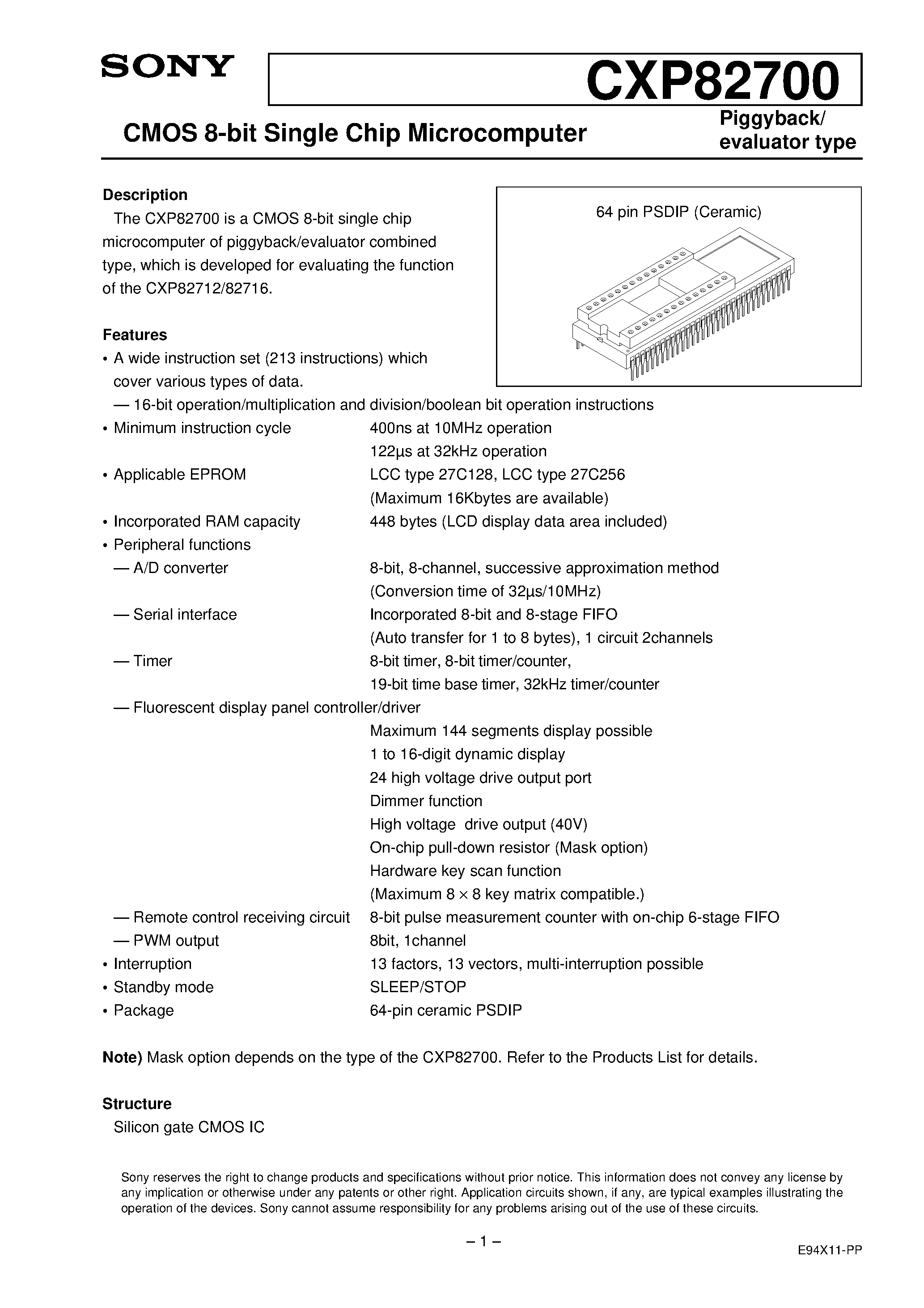 Даташит CXP82700 - CMOS 8-bit Single Chip Microcomputer страница 1