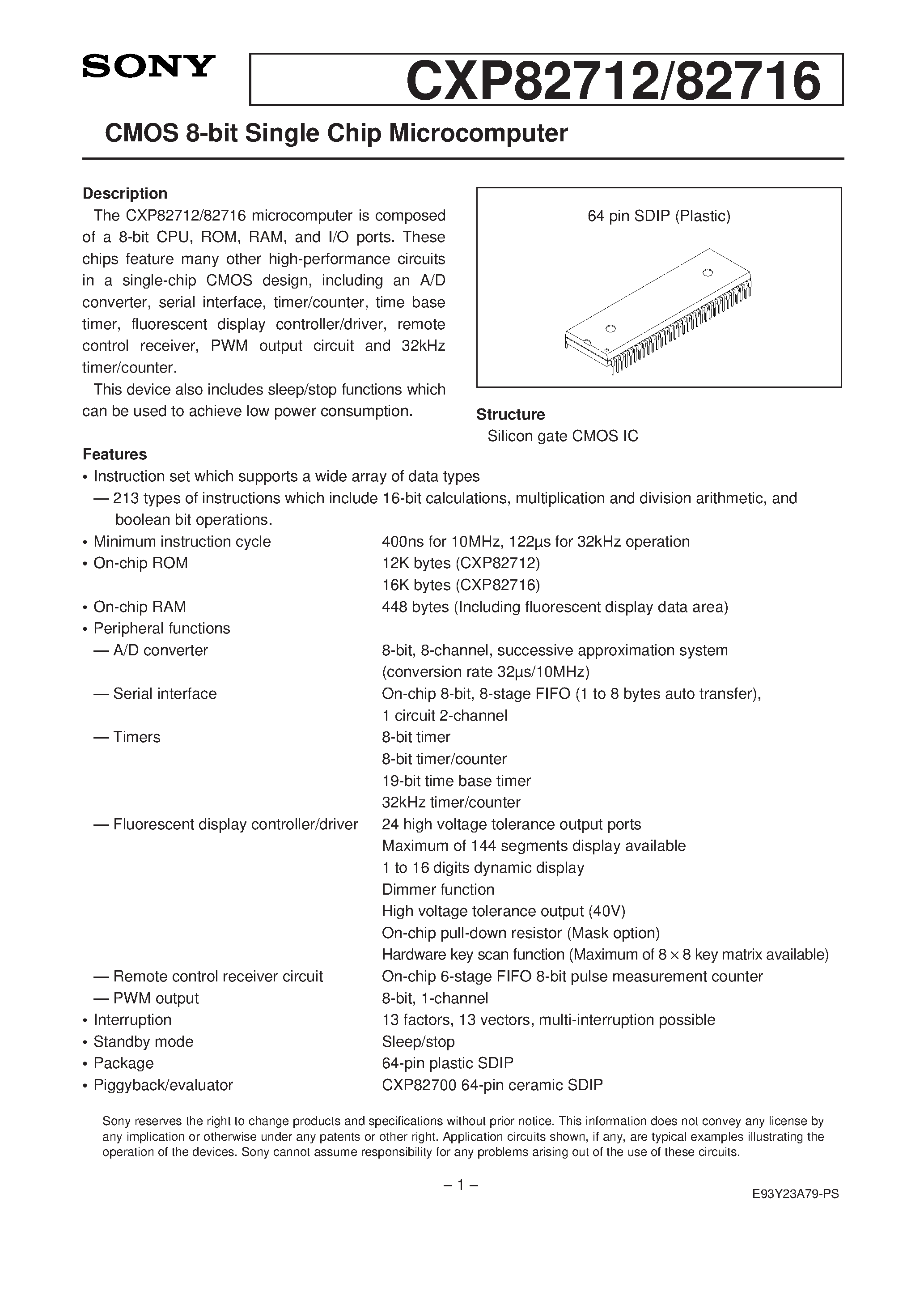 Даташит CXP82712 - CMOS 8-bit Single Chip Microcomputer страница 1