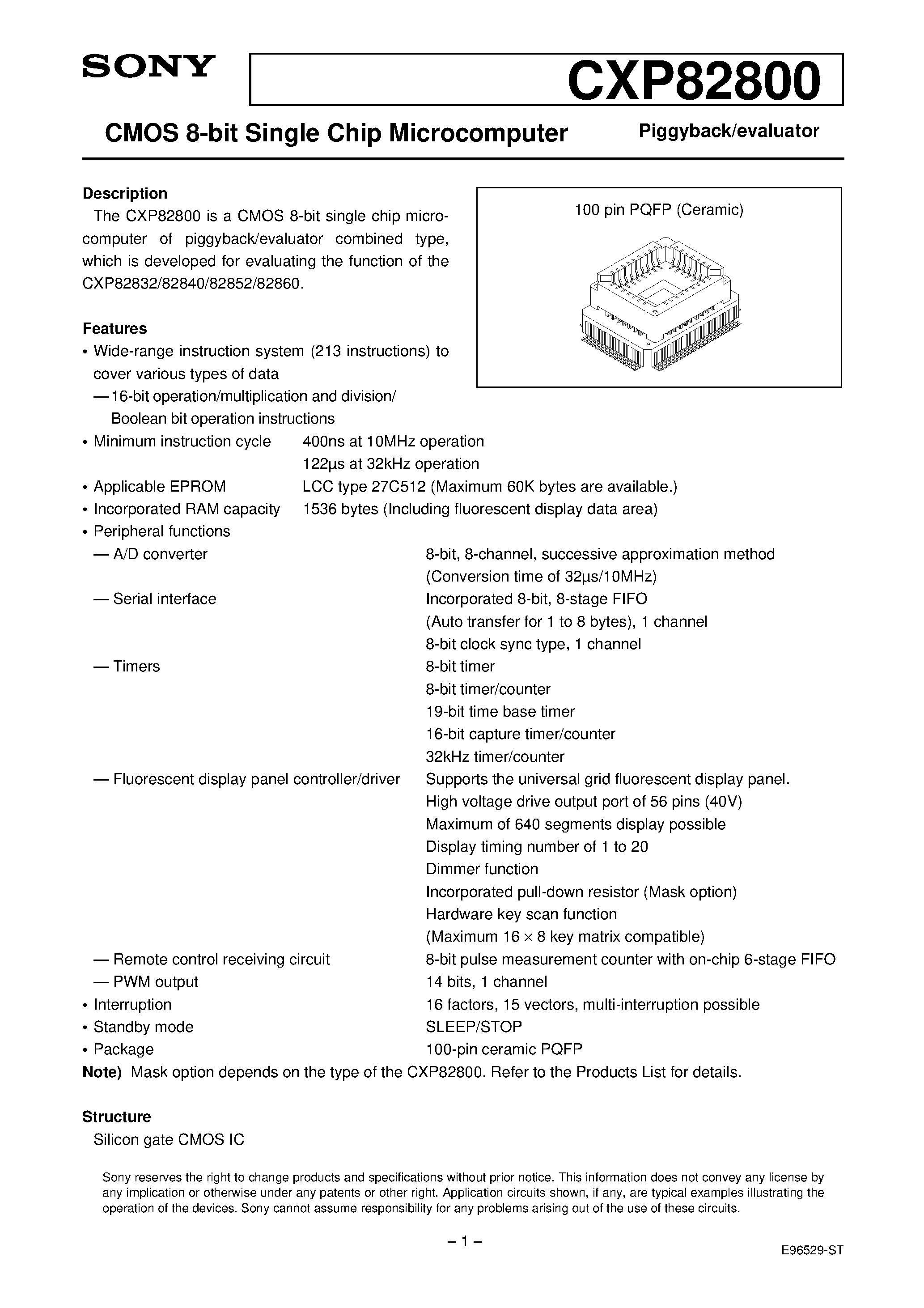 Даташит на микросхему CXP82800 страница 1 Даташит CXP82800 - CMOS 8-bit Single Chip Microcomputer страница 1