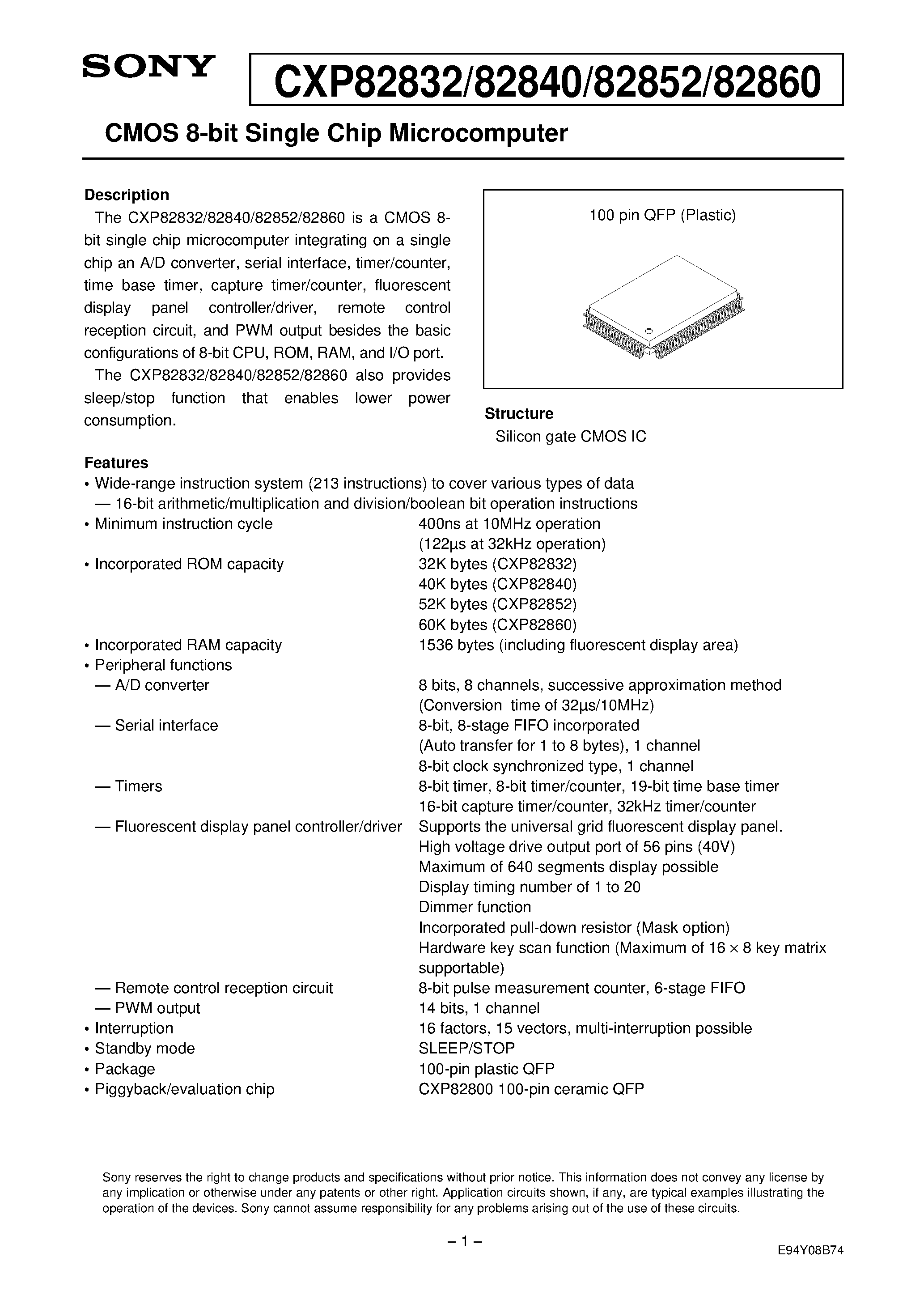 Даташит CXP82832 - CMOS 8-bit Single Chip Microcomputer страница 1