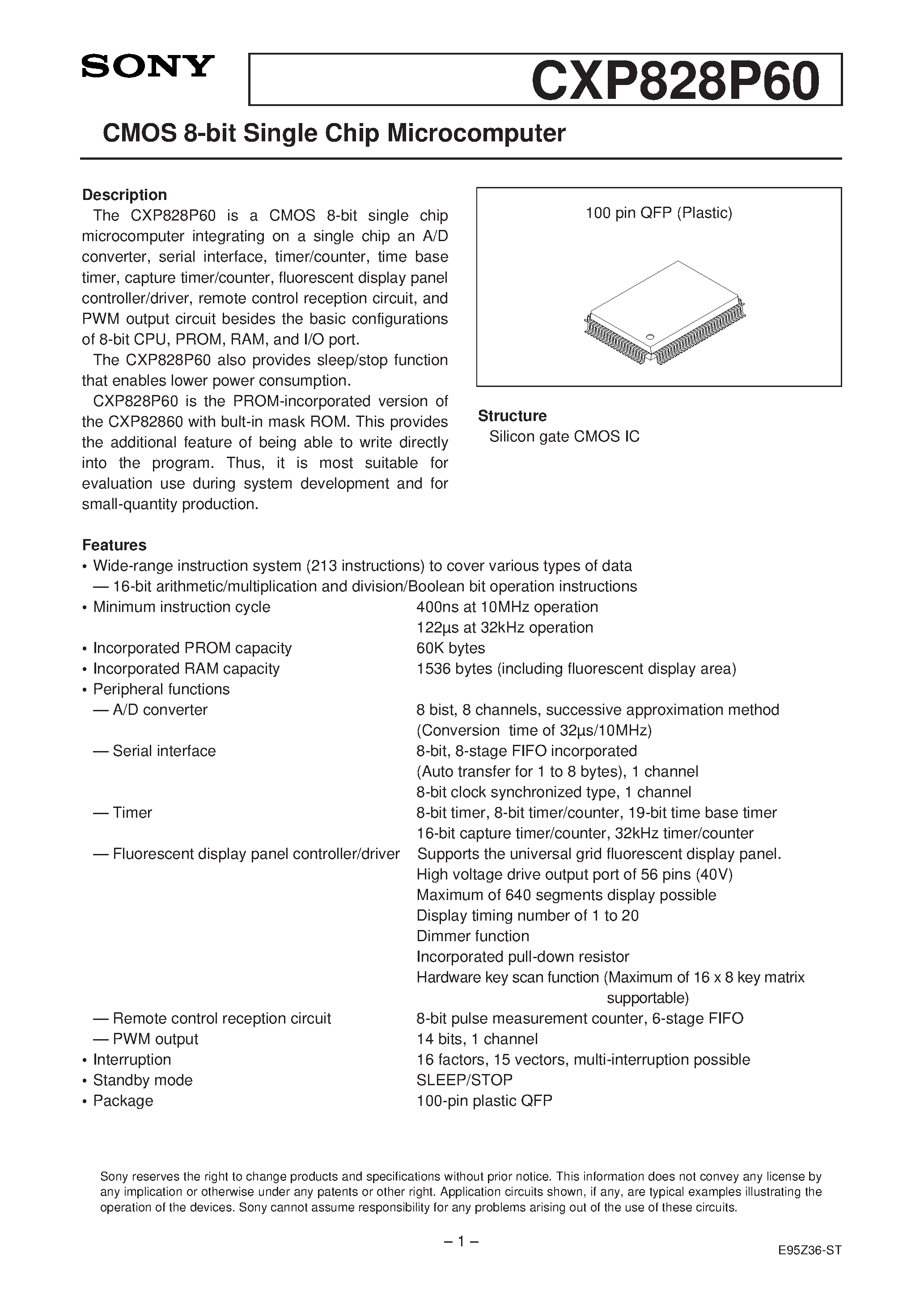 Даташит на микросхему CXP828P60 страница 1 Даташит CXP828P60 - CMOS 8-bit Single Chip Microcomputer страница 1