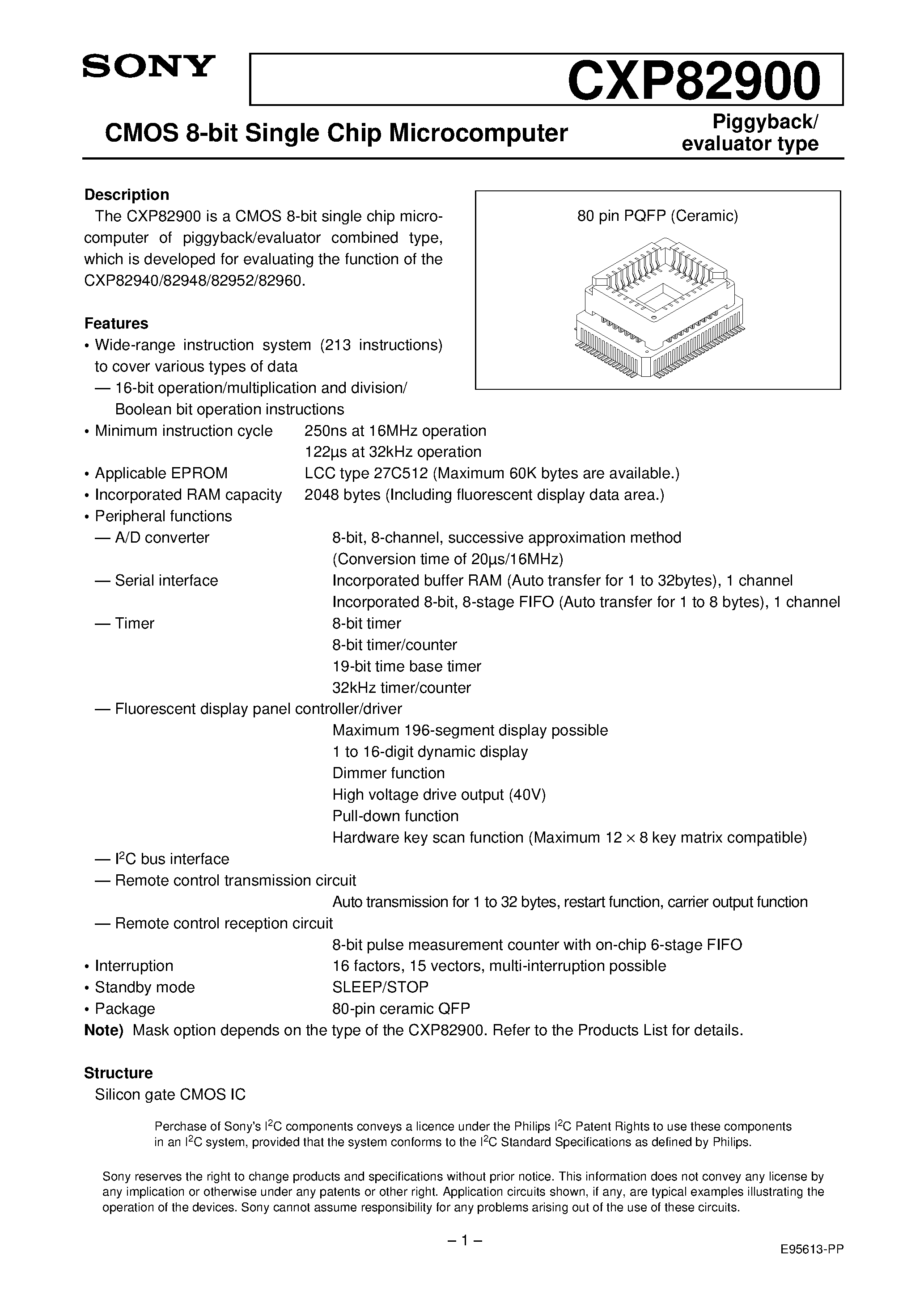 Даташит CXP82900 - CMOS 8-bit Single Chip Microcomputer страница 1