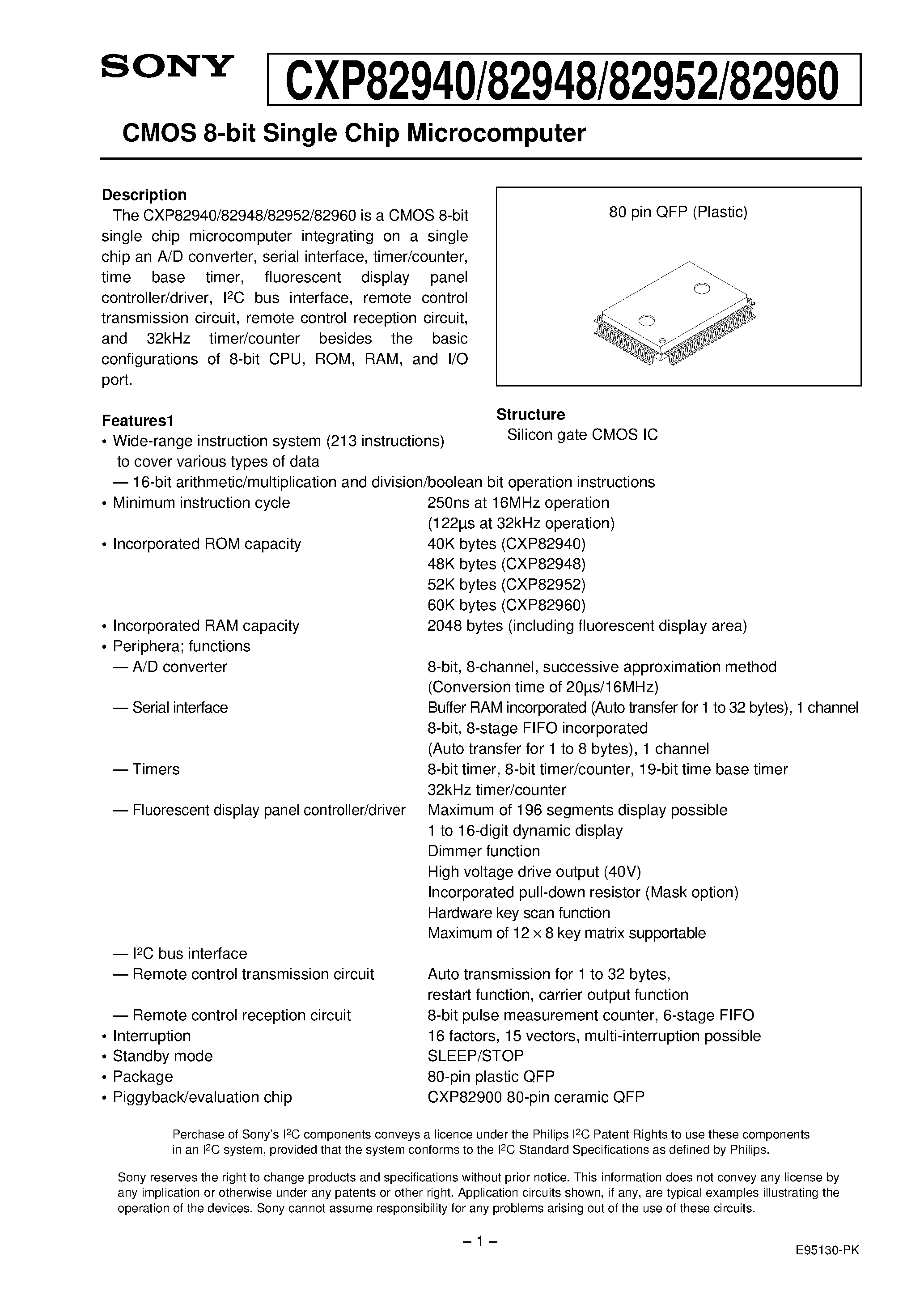Даташит CXP82940 - CMOS 8-bit Single Chip Microcomputer страница 1