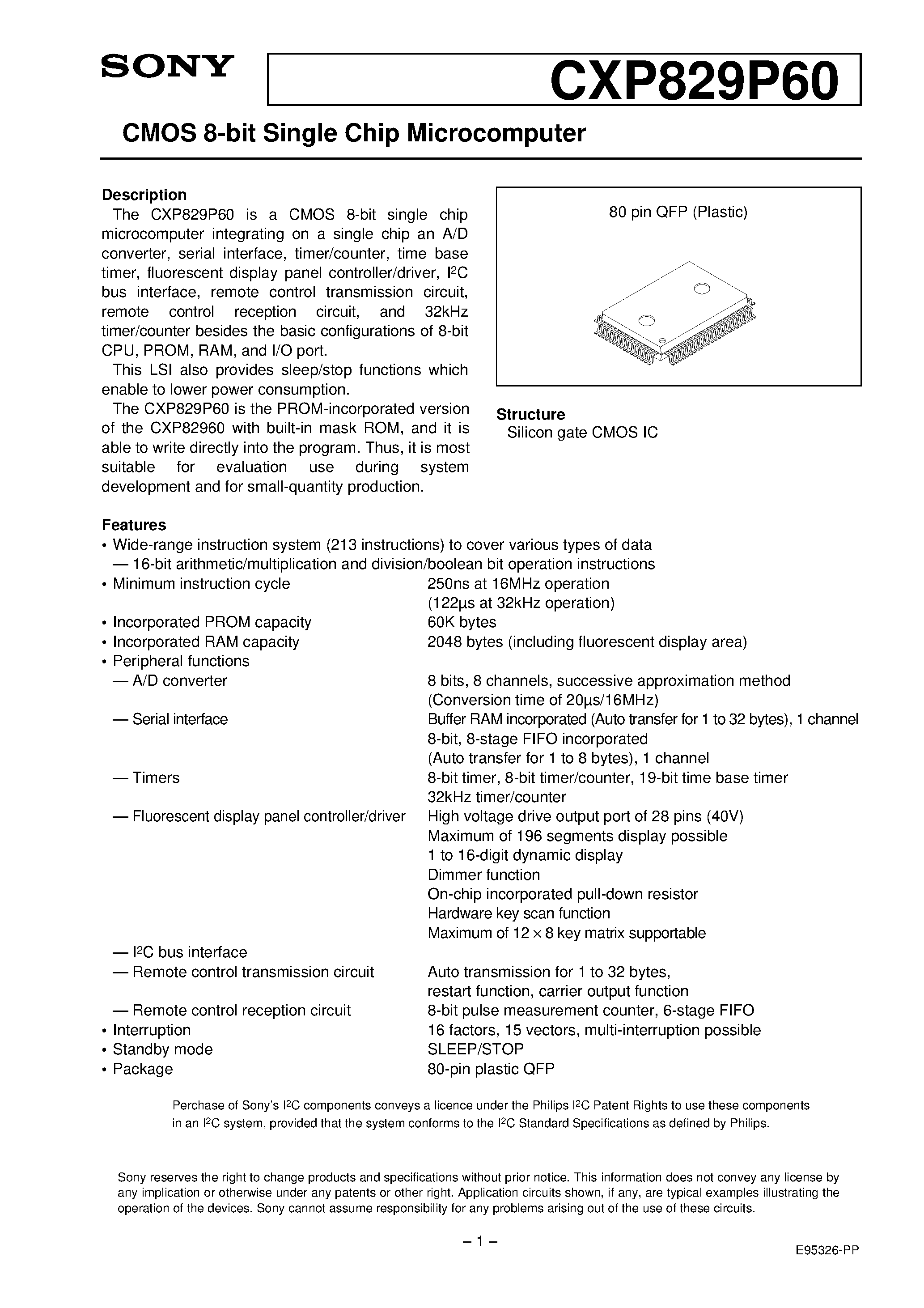 Даташит CXP829P60 - CMOS 8-bit Single Chip Microcomputer страница 1
