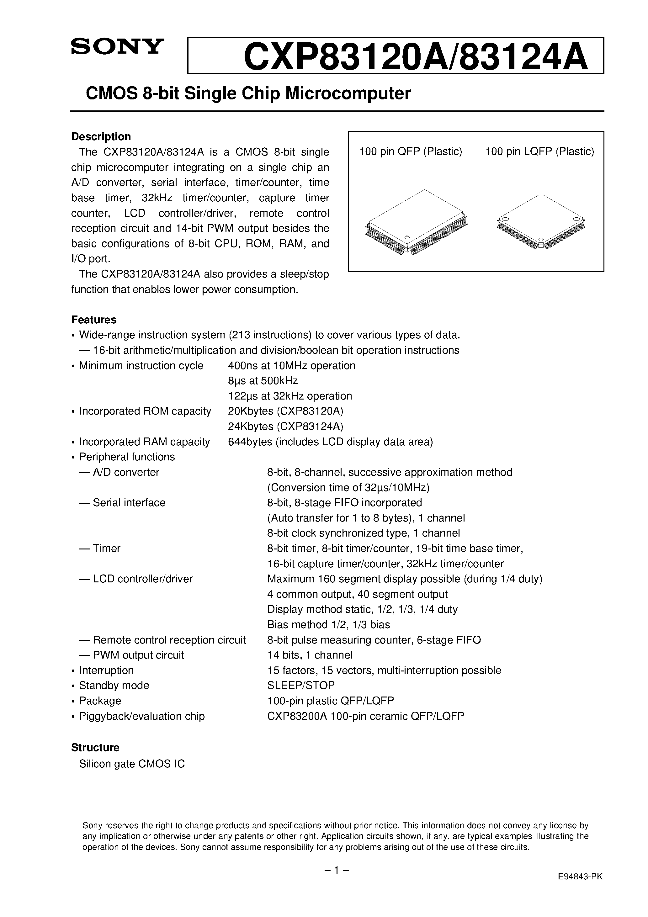 Даташит на микросхему CXP83124A страница 1 Даташит CXP83124A - CMOS 8-bit Single Chip Microcomputer страница 1