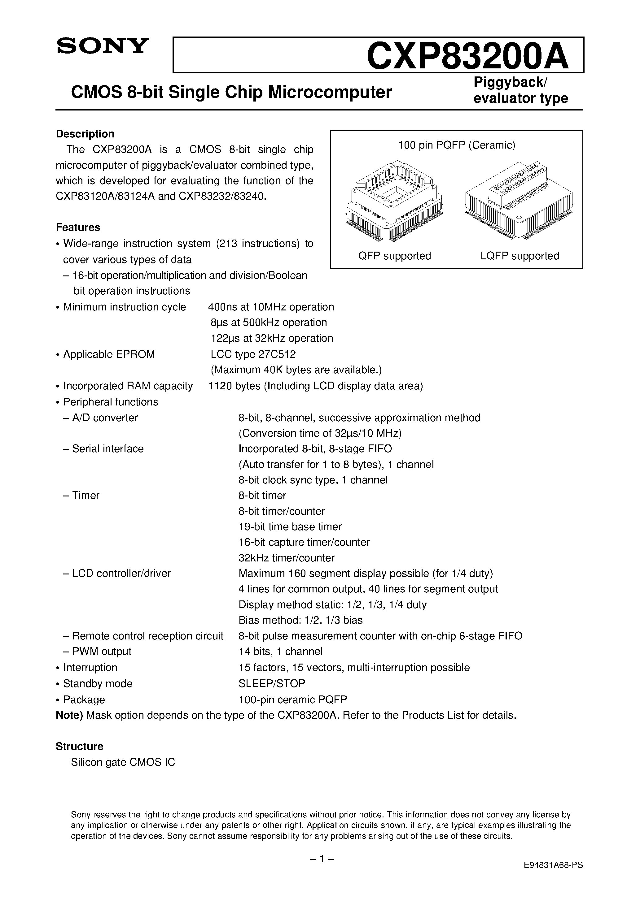Даташит CXP83200A - CMOS 8-bit Single Chip Microcomputer страница 1