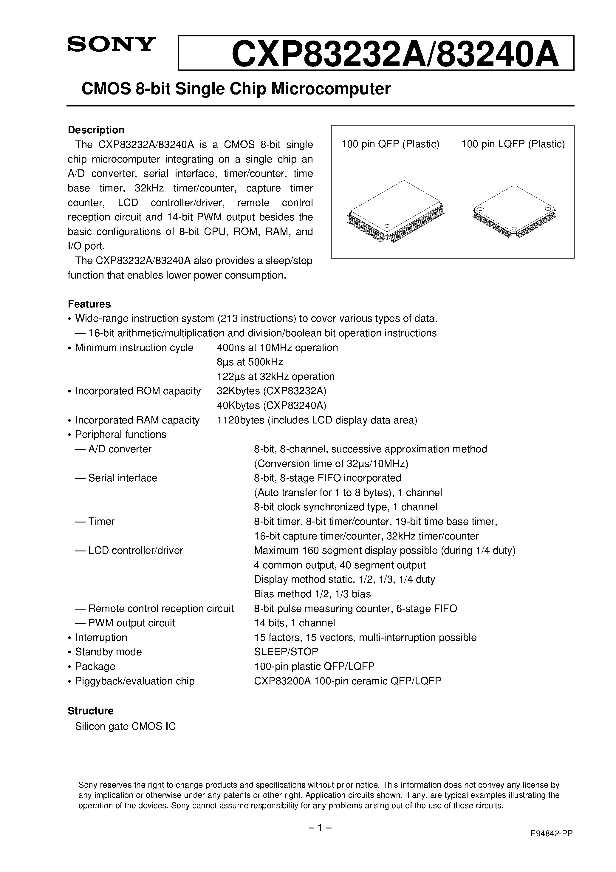 Даташит на микросхему CXP83232A страница 1 Даташит CXP83232A - CMOS 8-bit Single Chip Microcomputer страница 1