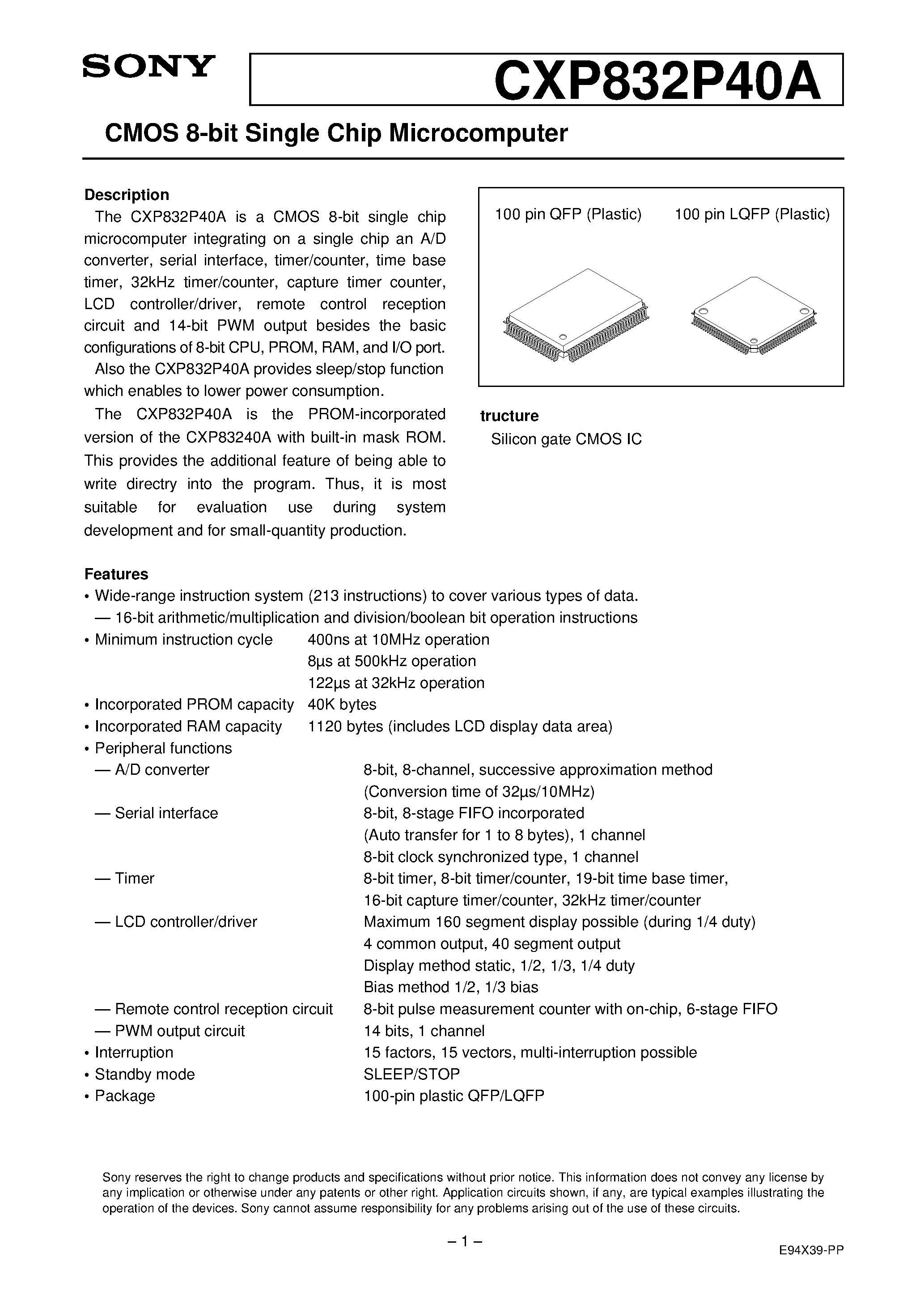 Даташит CXP832P40A - CMOS 8-bit Single Chip Microcomputer страница 1