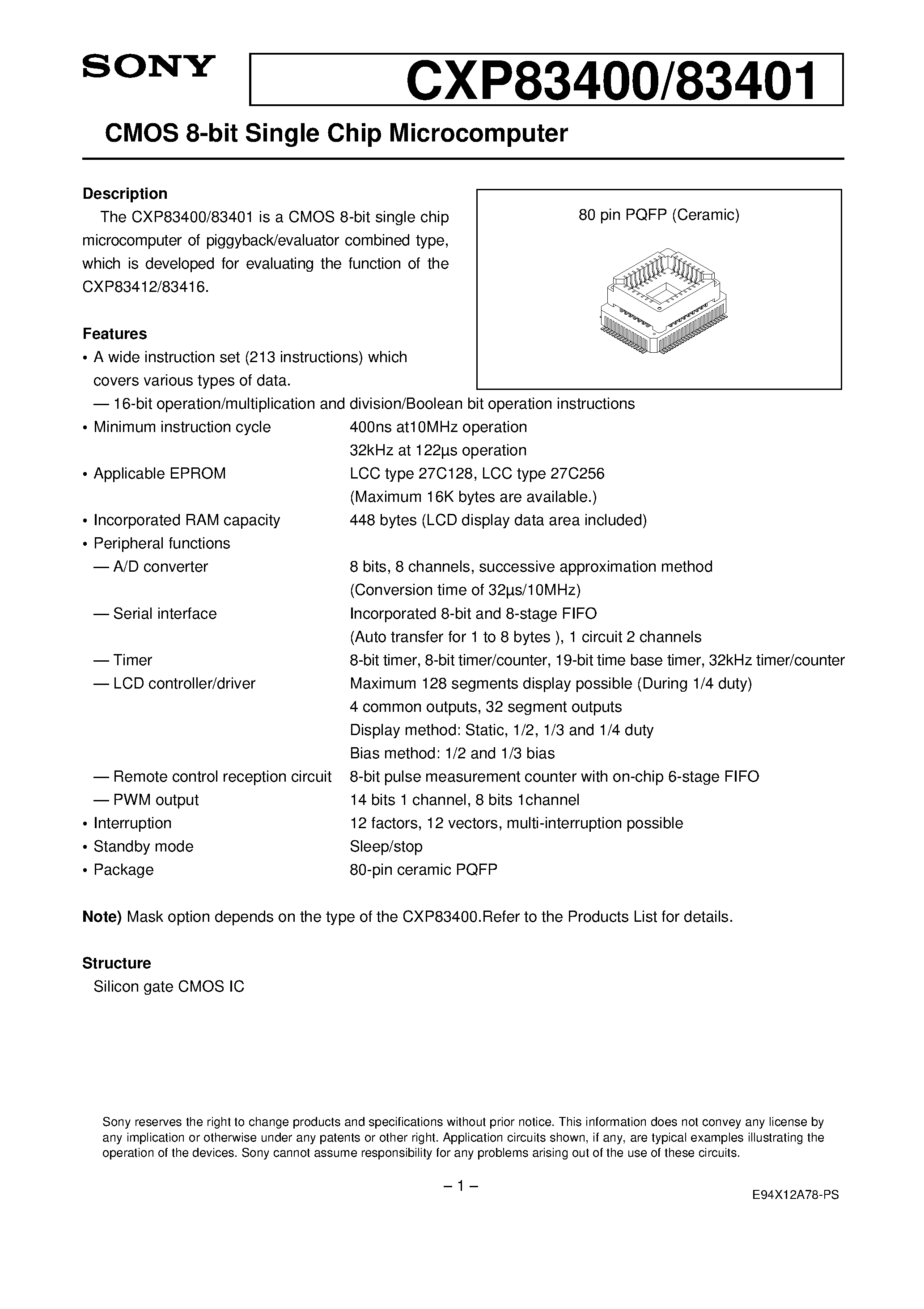 Даташит на микросхему CXP83401 страница 1 Даташит CXP83401 - CMOS 8-bit Single Chip Microcomputer страница 1