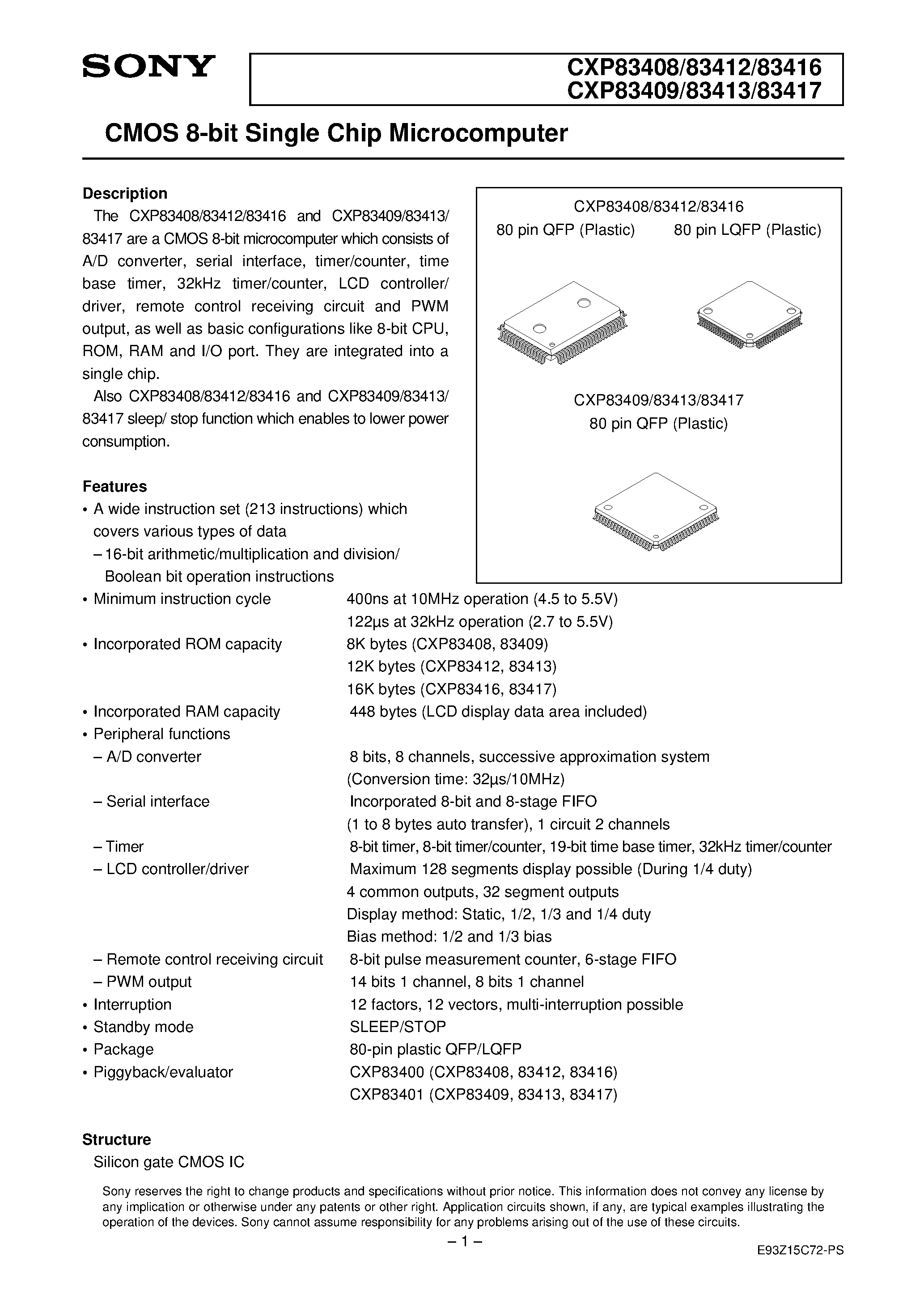 Даташит CXP83416 - CMOS 8-bit Single Chip Microcomputer страница 1