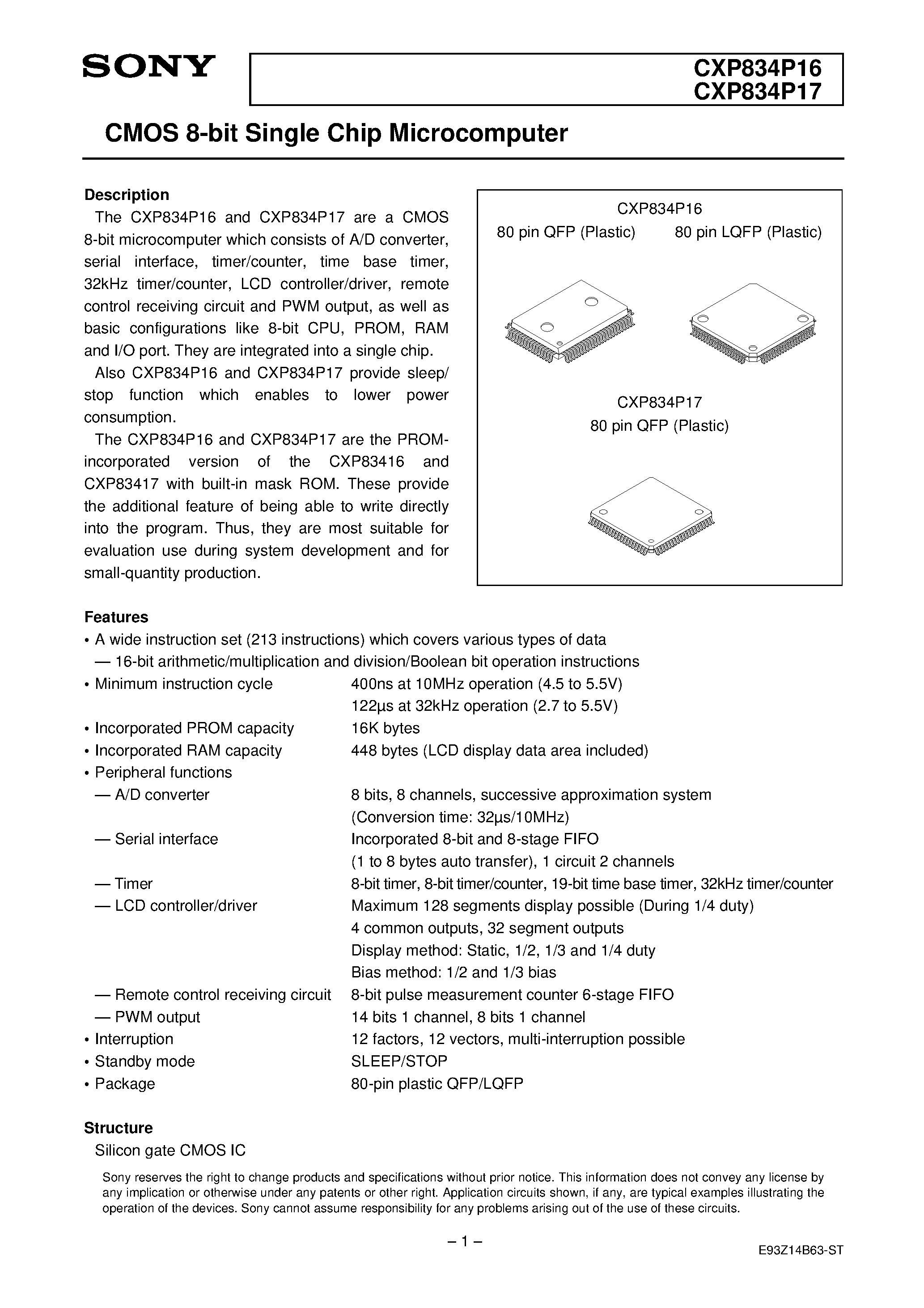 Даташит CXP834P16 - CMOS 8-bit Single Chip Microcomputer страница 1