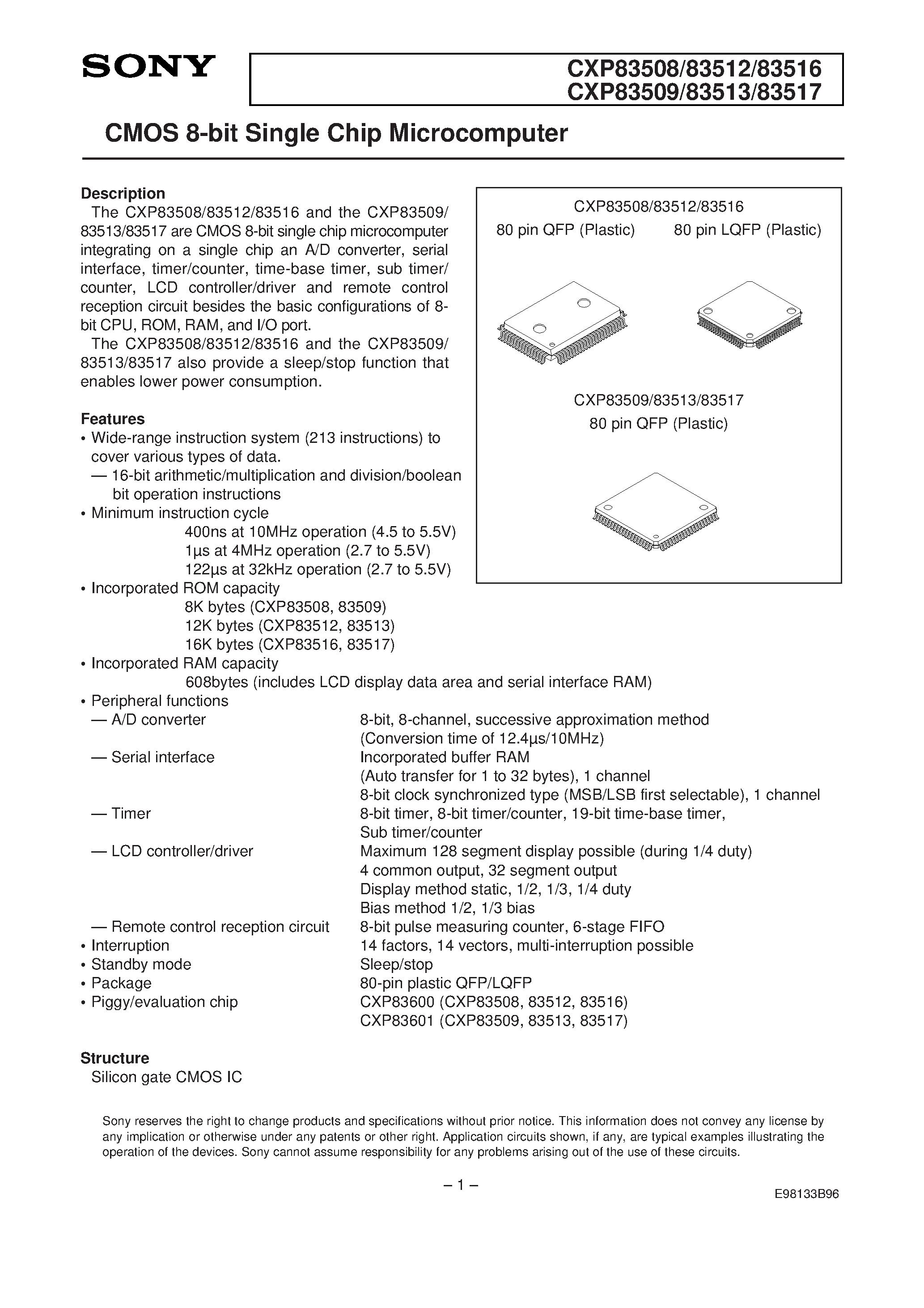 Даташит CXP83513 - CMOS 8-bit Single Chip Microcomputer страница 1
