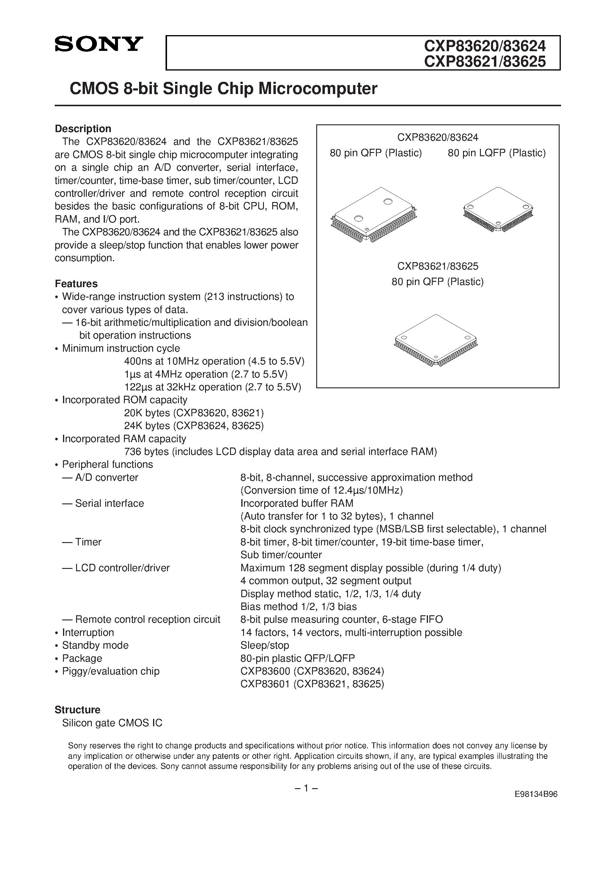 Даташит CXP83620 - CMOS 8-bit Single Chip Microcomputer страница 1