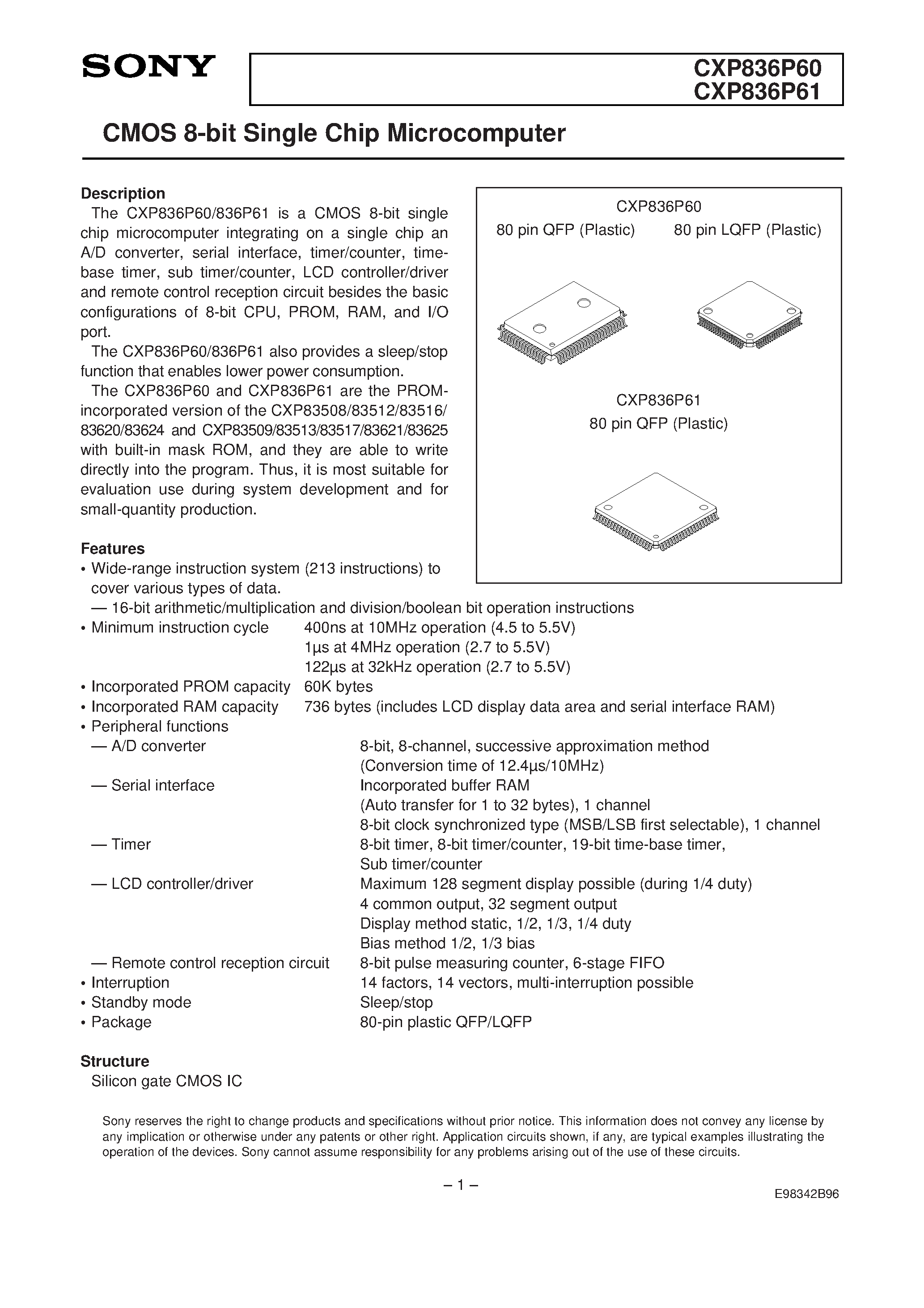Даташит CXP836P61 - CMOS 8-bit Single Chip Microcomputer страница 1