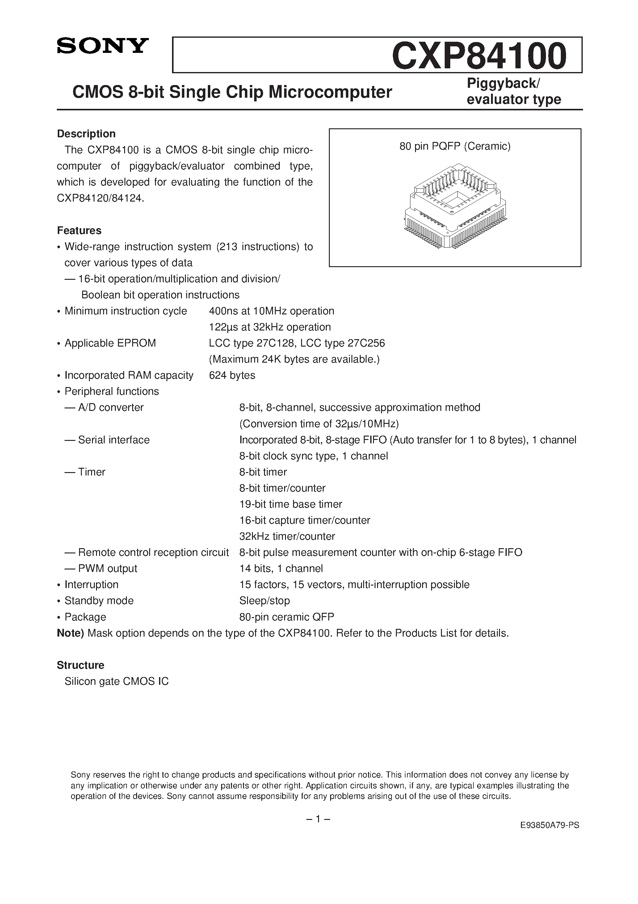 Даташит CXP84100 - CMOS 8-bit Single Chip Microcomputer страница 1