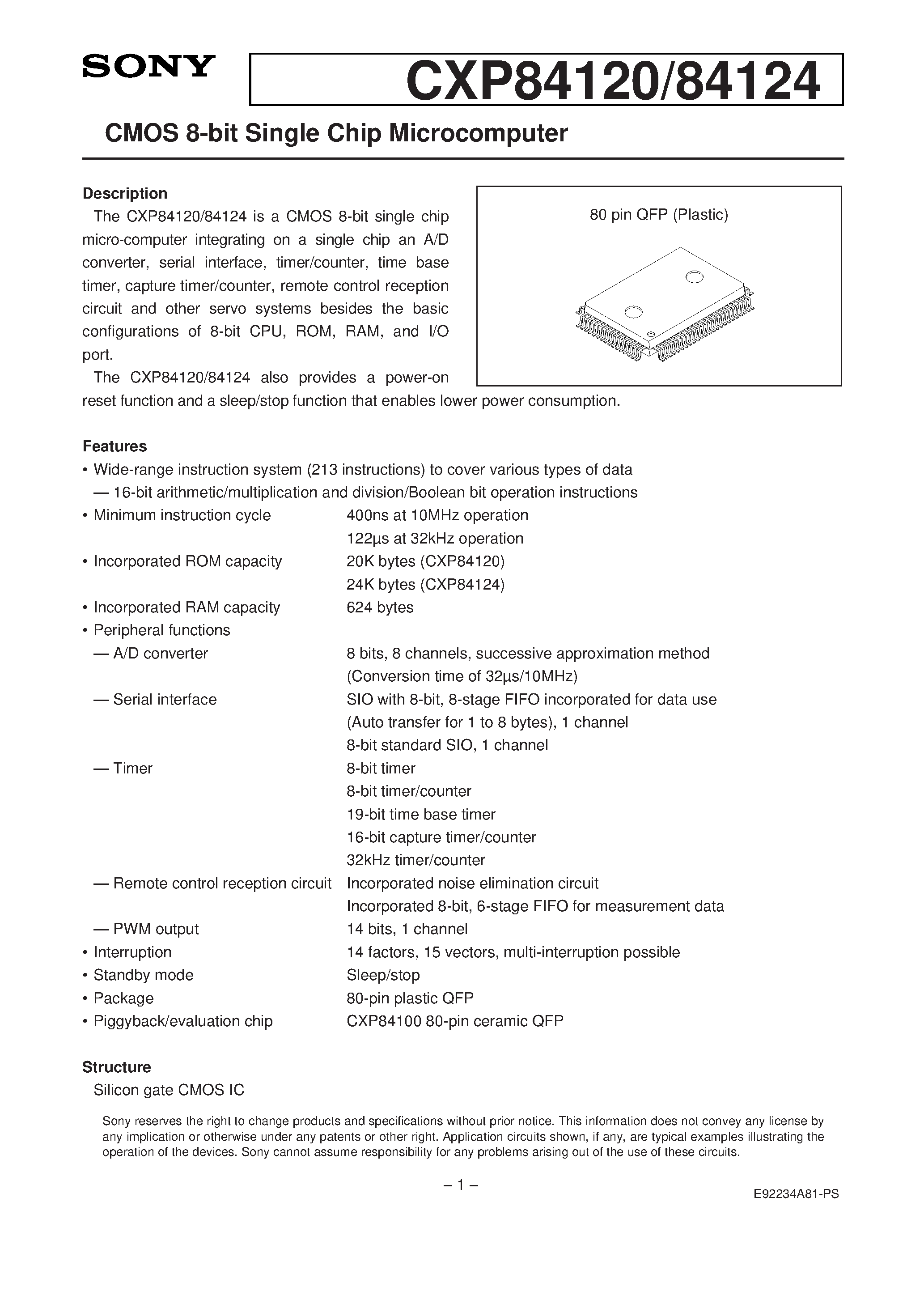 Даташит на микросхему CXP84124 страница 1 Даташит CXP84124 - CMOS 8-bit Single Chip Microcomputer страница 1