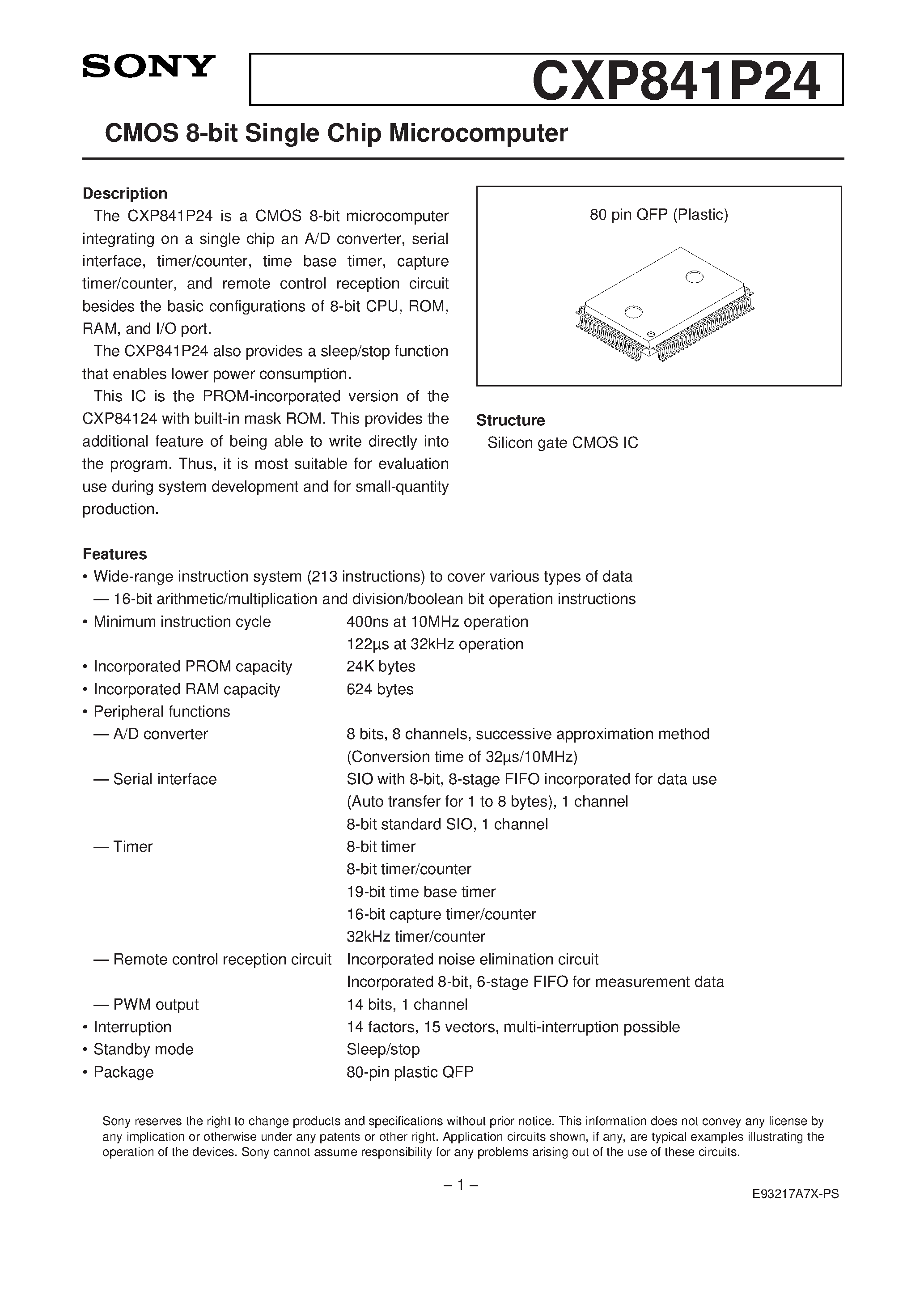 Даташит CXP841P24 - CMOS 8-bit Single Chip Microcomputer страница 1