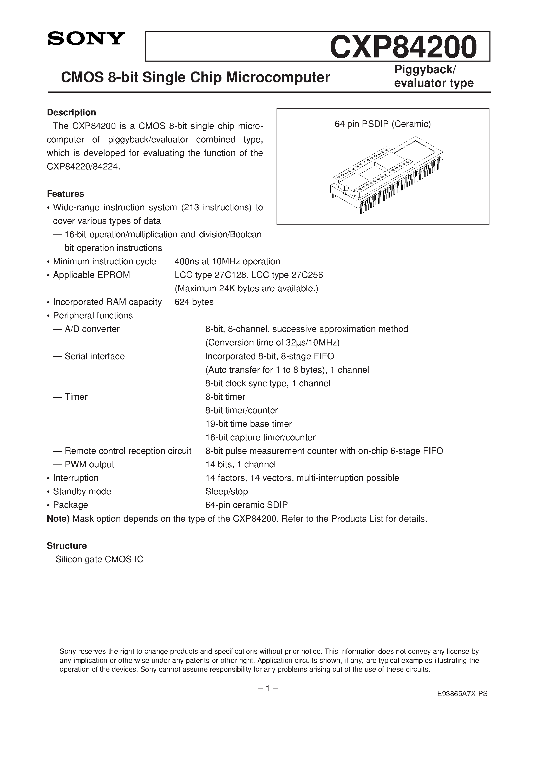 Даташит на микросхему CXP84200 страница 1 Даташит CXP84200 - CMOS 8-bit Single Chip Microcomputer страница 1