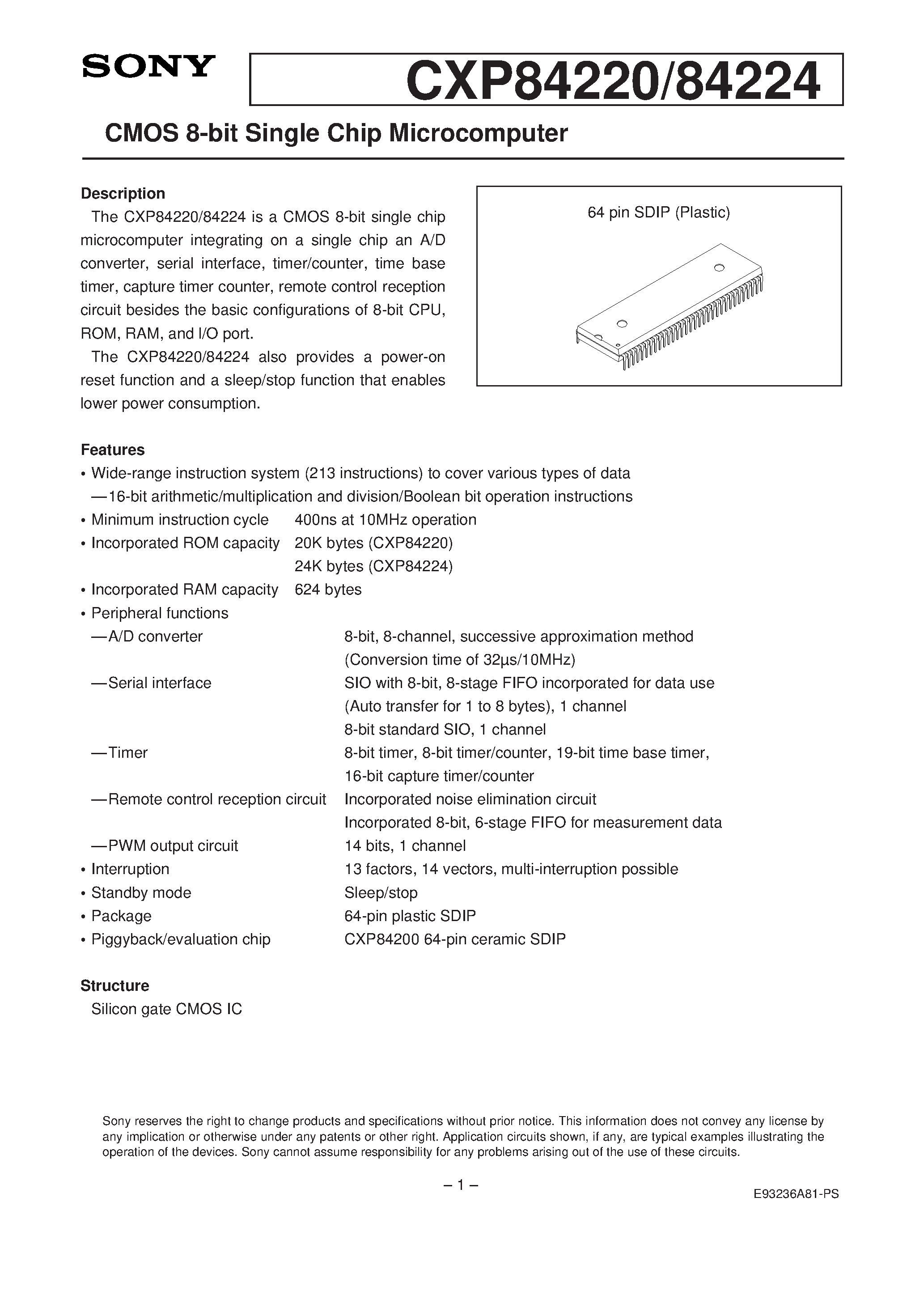 Даташит CXP84224 - CMOS 8-bit Single Chip Microcomputer страница 1