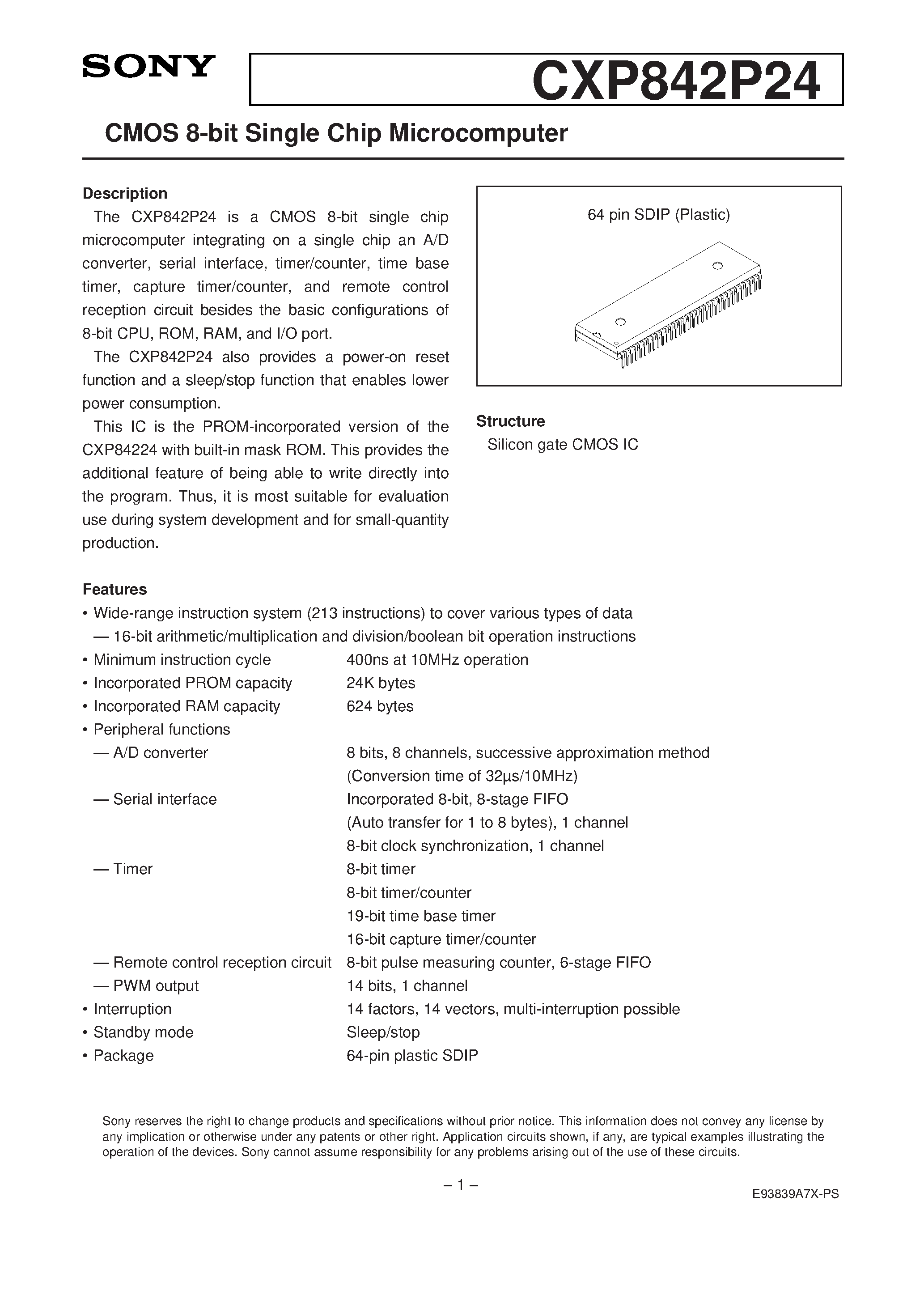 Даташит CXP842P24 - CMOS 8-bit Single Chip Microcomputer страница 1
