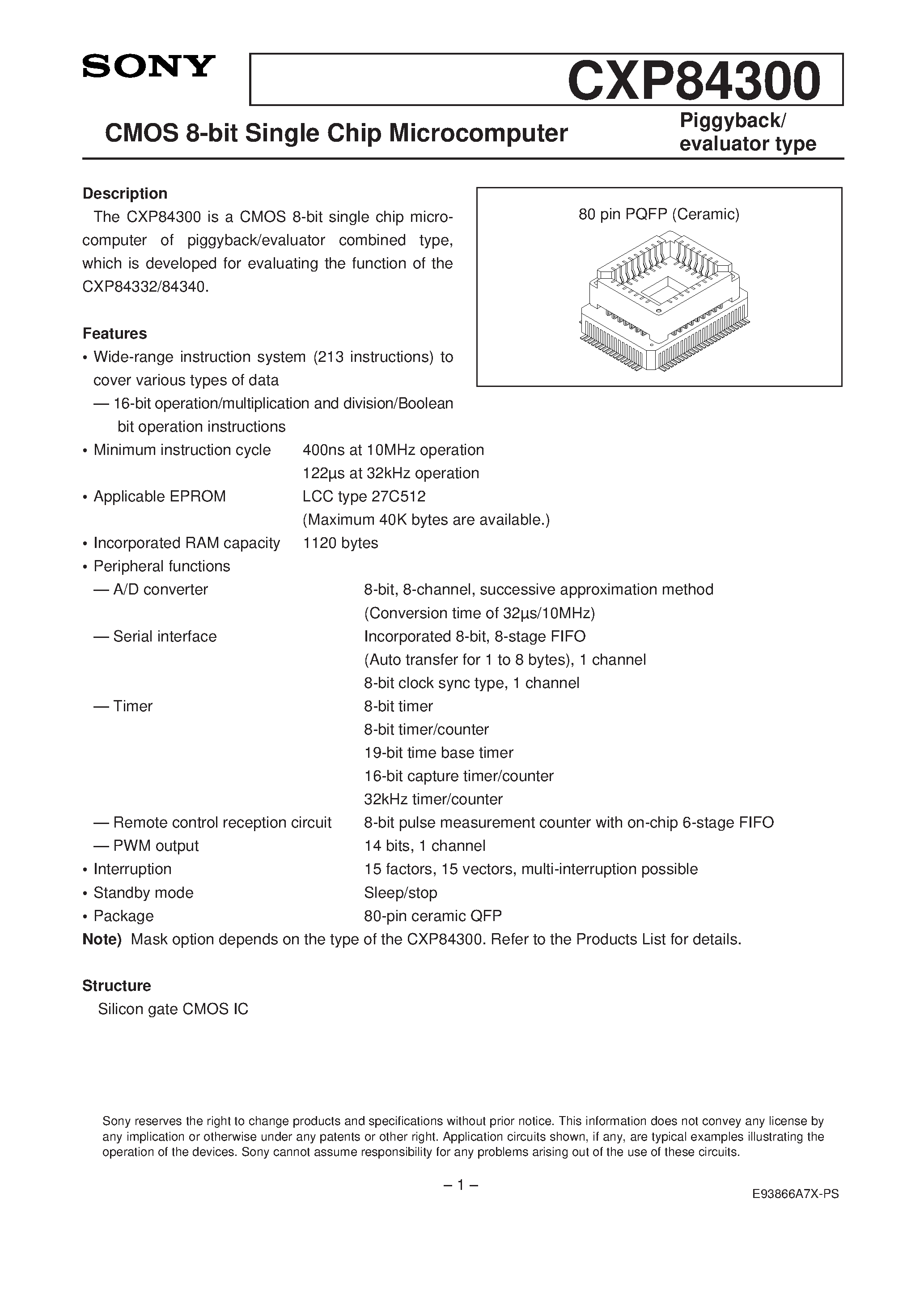 Даташит CXP84300 - CMOS 8-bit Single Chip Microcomputer страница 1