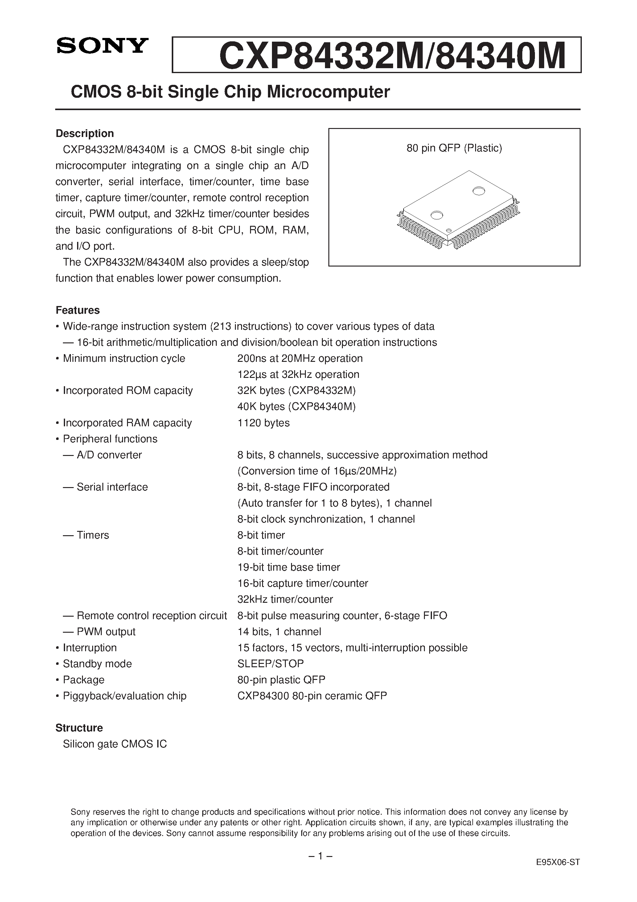 Даташит CXP84332M - CMOS 8-bit Single Chip Microcomputer страница 1
