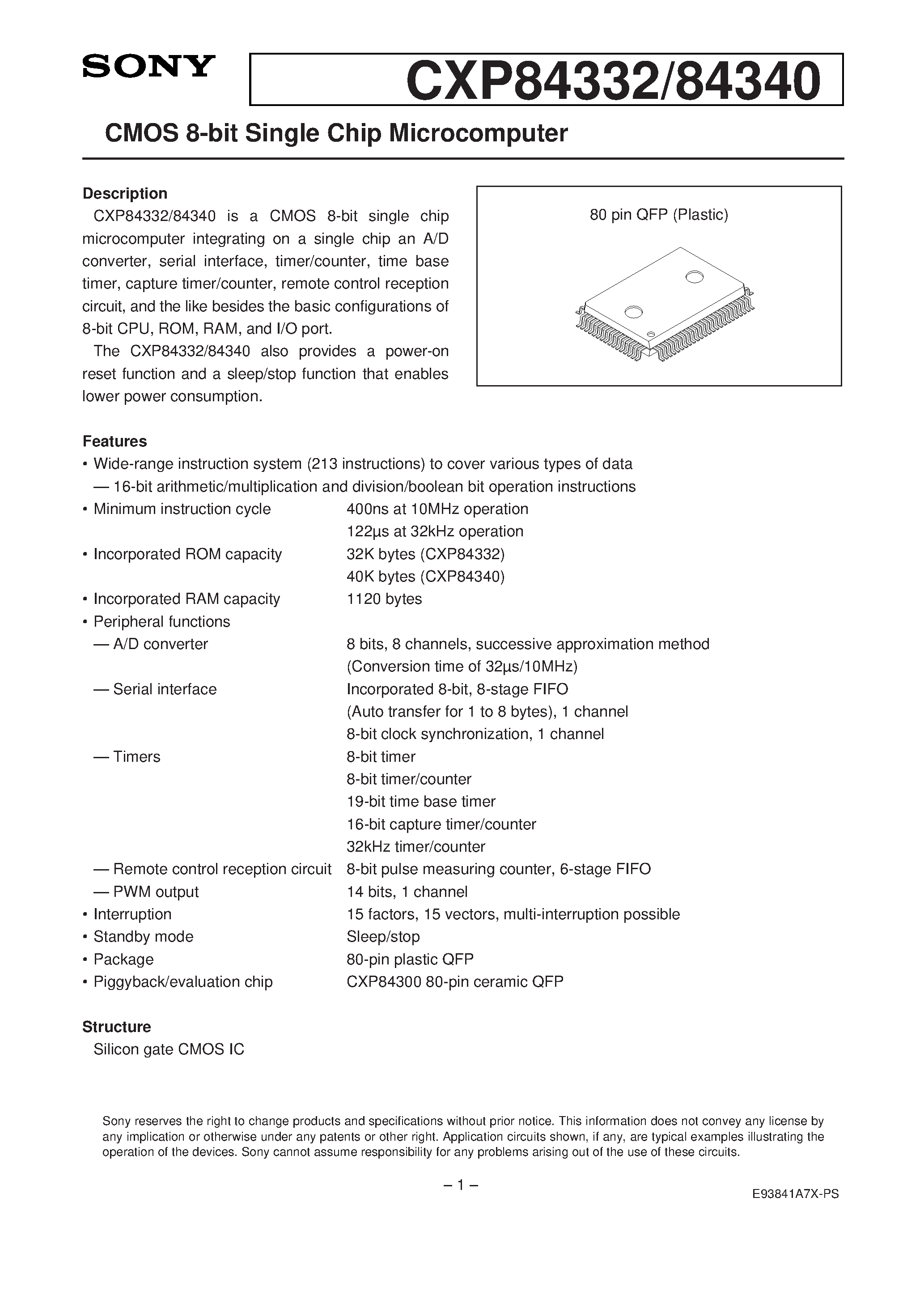 Даташит на микросхему CXP84340 страница 1 Даташит CXP84340 - CMOS 8-bit Single Chip Microcomputer страница 1