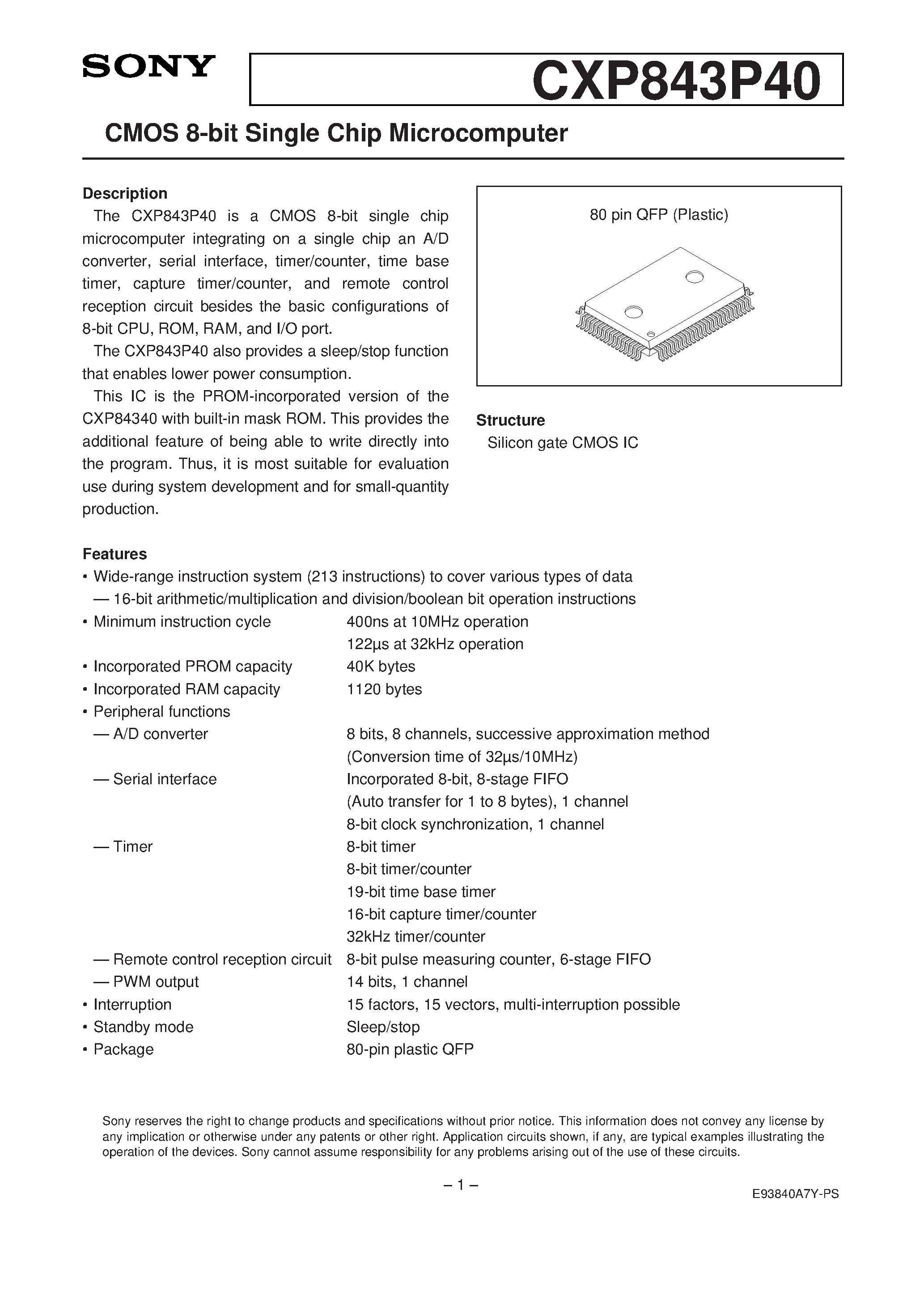 Даташит на микросхему CXP843P40 страница 1 Даташит CXP843P40 - CMOS 8-bit Single Chip Microcomputer страница 1
