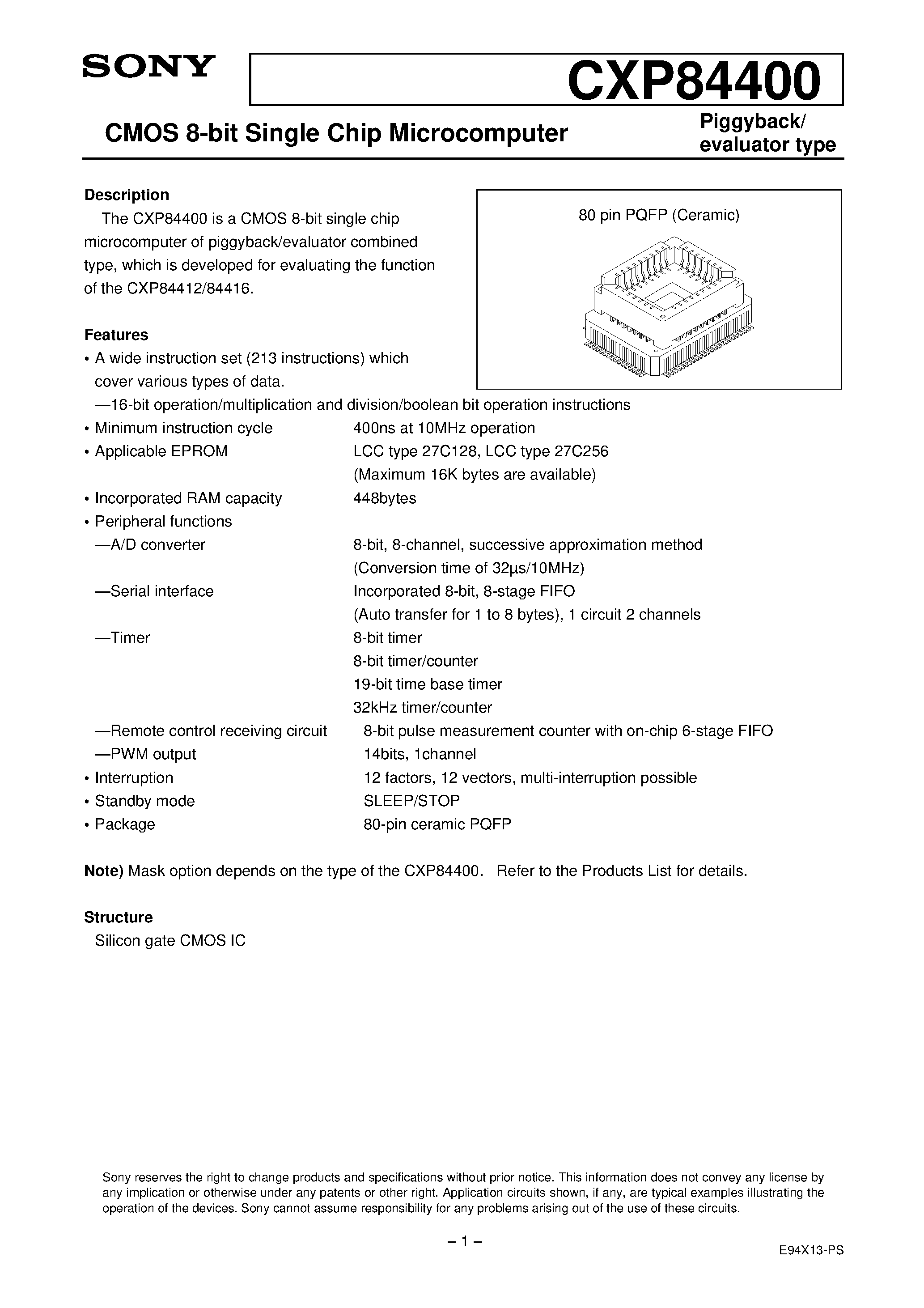 Даташит на микросхему CXP84400 страница 1 Даташит CXP84400 - CMOS 8-bit Single Chip Microcomputer страница 1