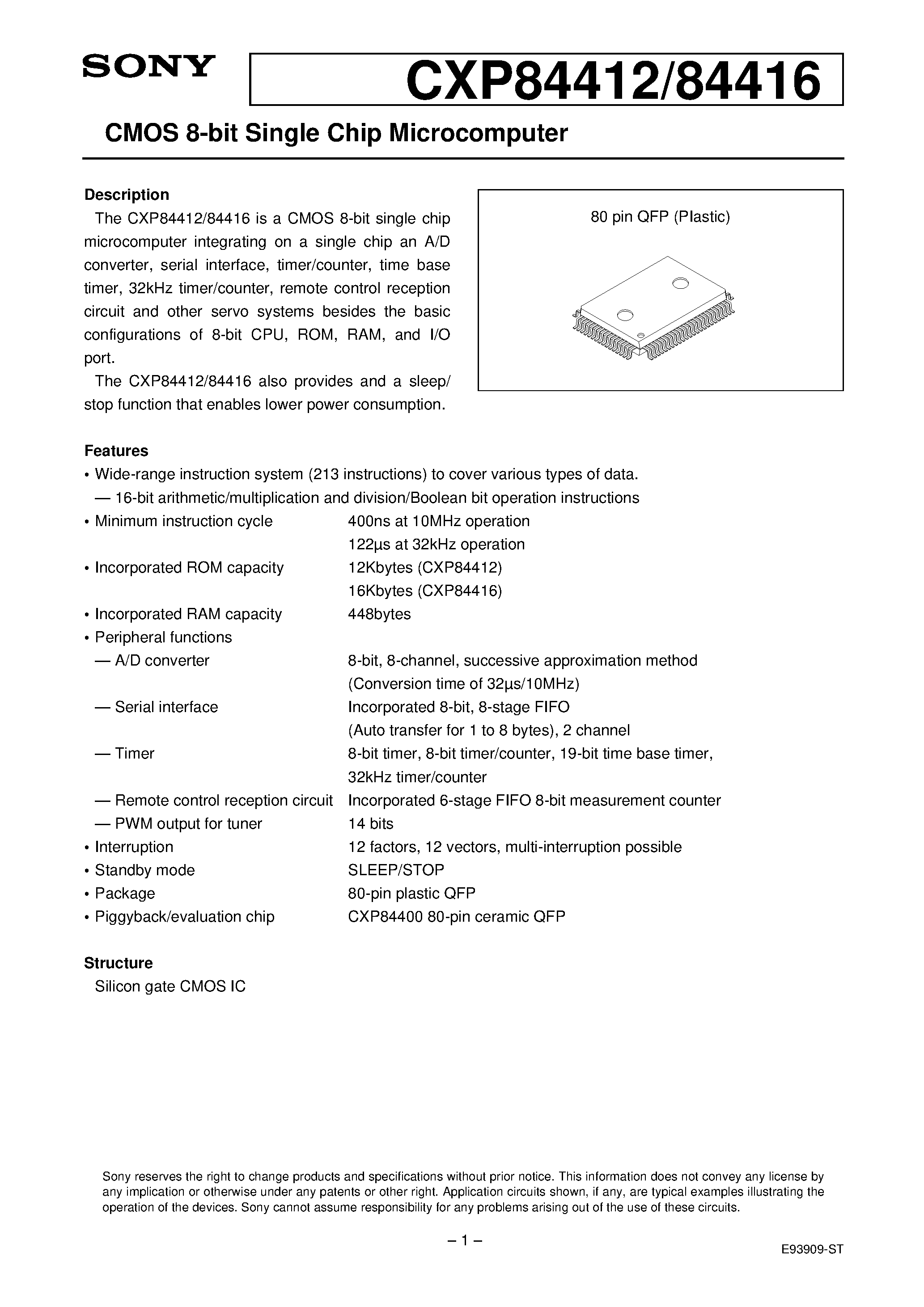 Даташит CXP84412 - CMOS 8-bit Single Chip Microcomputer страница 1