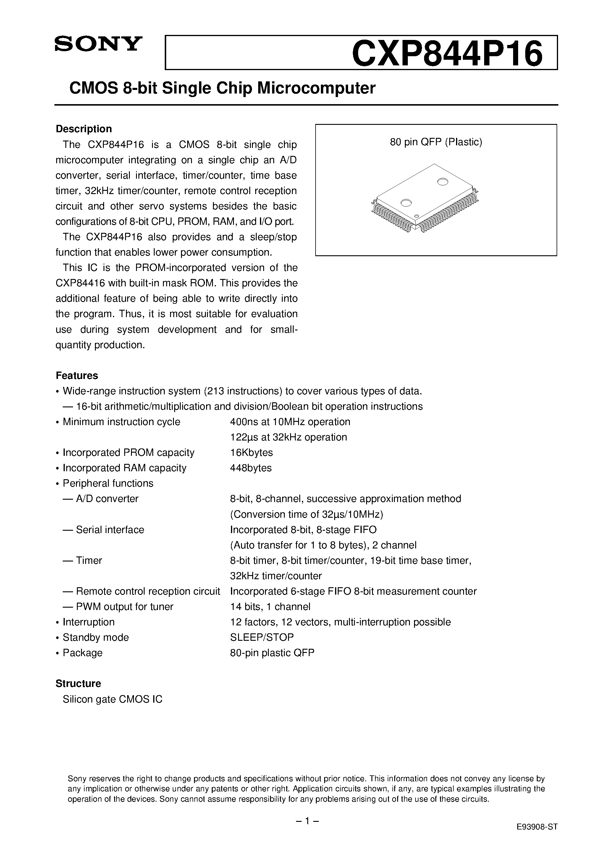 Даташит на микросхему CXP844P16 страница 1 Даташит CXP844P16 - CMOS 8-bit Single Chip Microcomputer страница 1