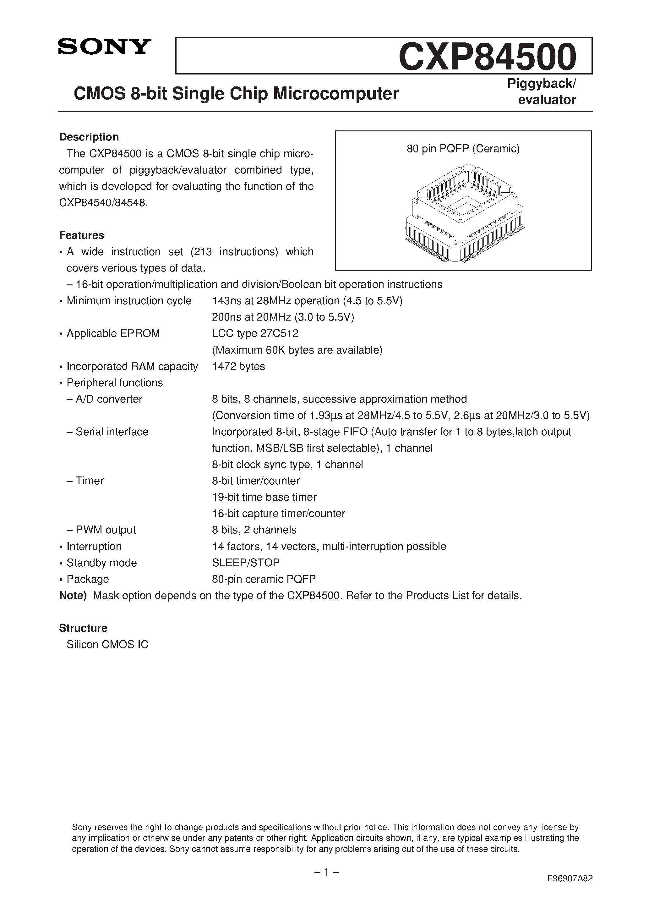 Даташит CXP84500 - CMOS 8-bit Single Chip Microcomputer страница 1