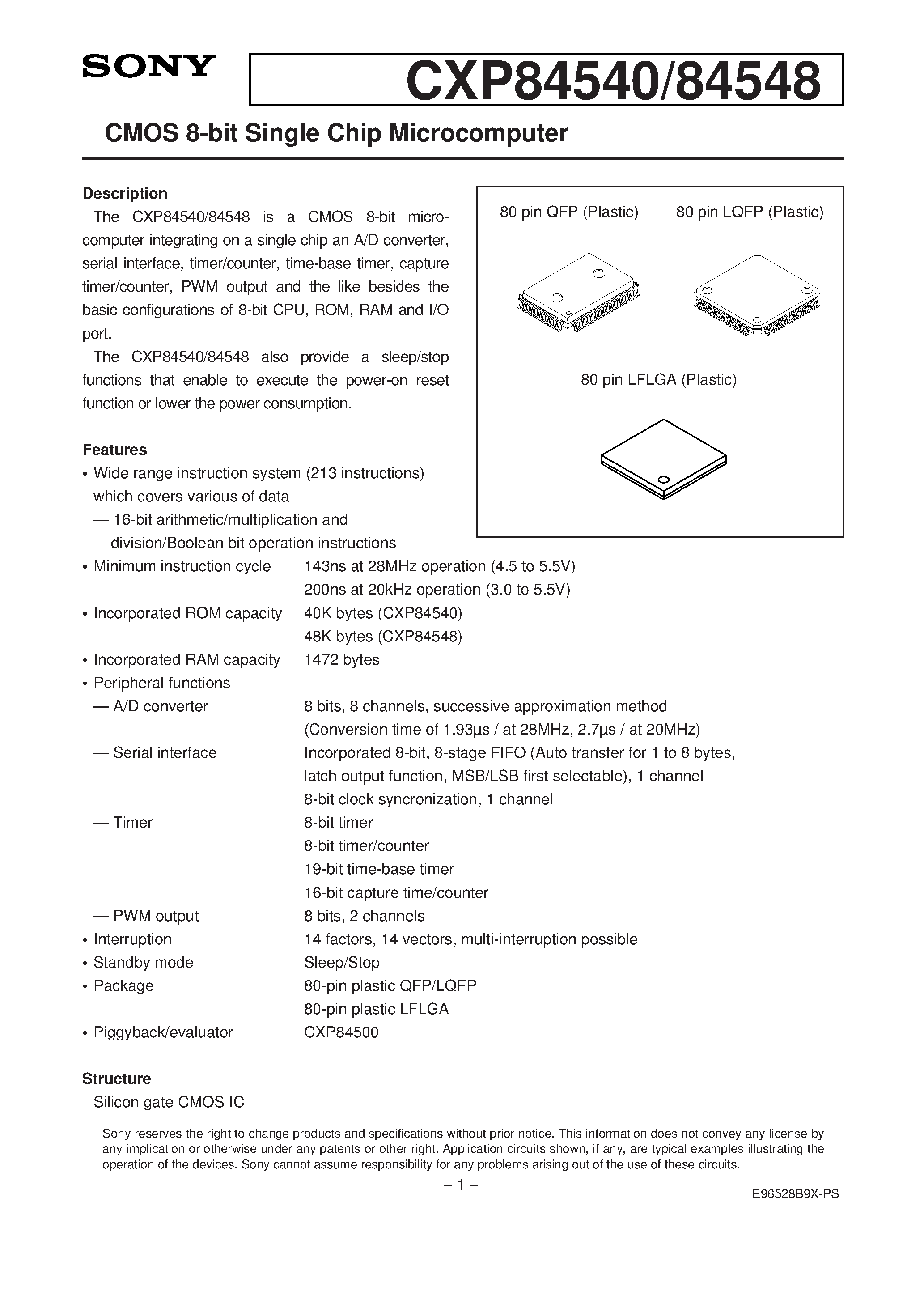 Даташит CXP84540 - CMOS 8-bit Single Chip Microcomputer страница 1