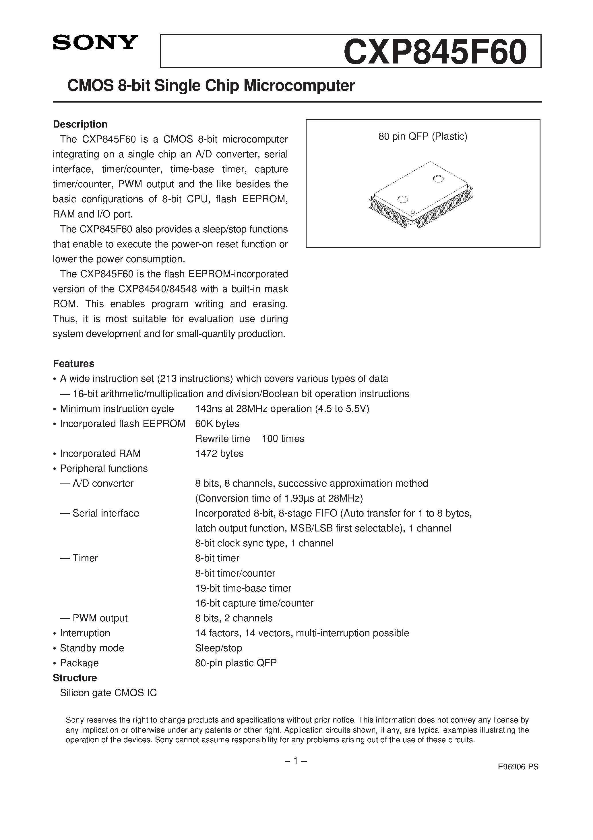 Даташит на микросхему CXP845F60 страница 1 Даташит CXP845F60 - CMOS 8-bit Single Chip Microcomputer страница 1