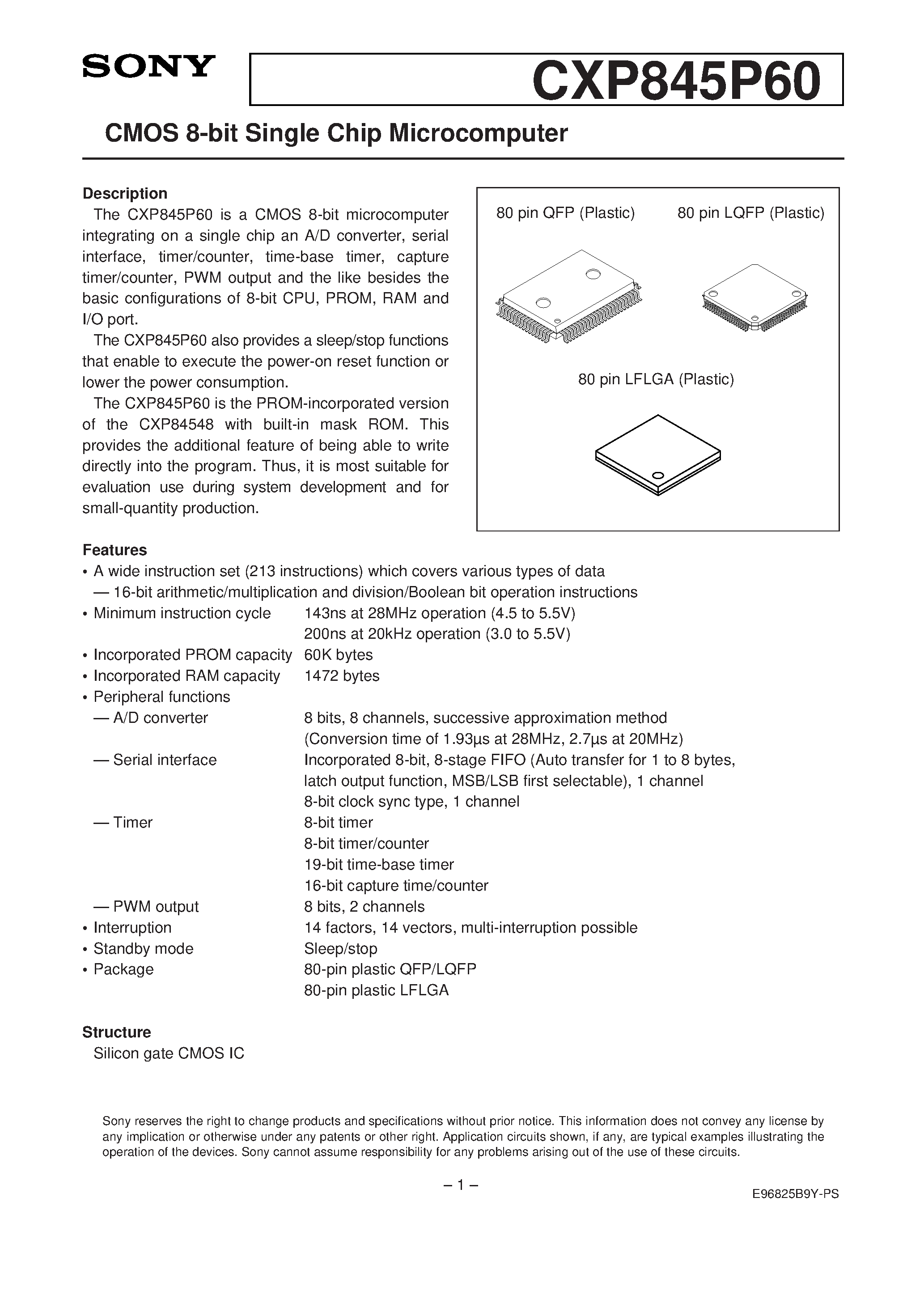 Даташит CXP845P60 - CMOS 8-bit Single Chip Microcomputer страница 1