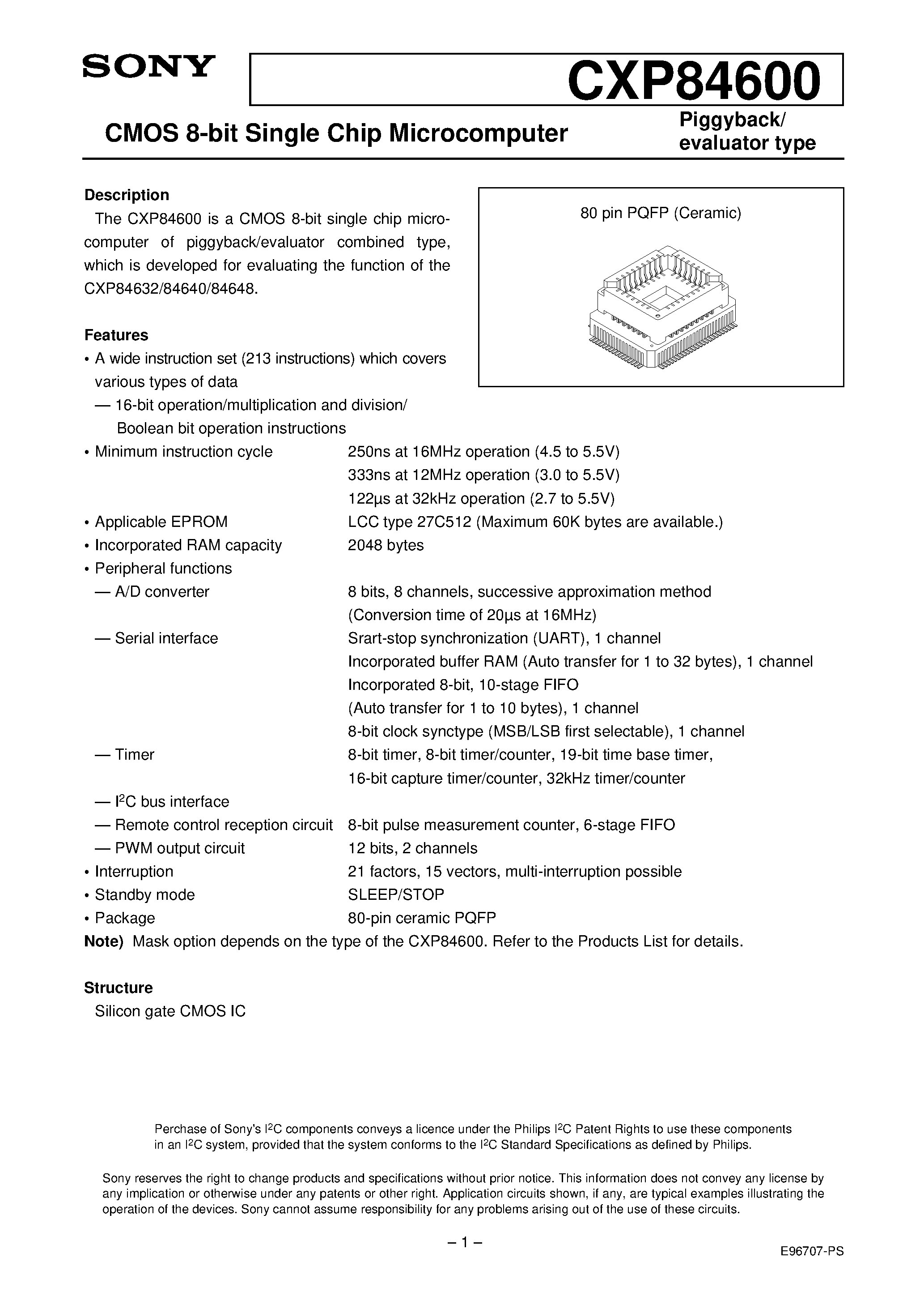 Даташит на микросхему CXP84600 страница 1 Даташит CXP84600 - CMOS 8-bit Single Chip Microcomputer страница 1