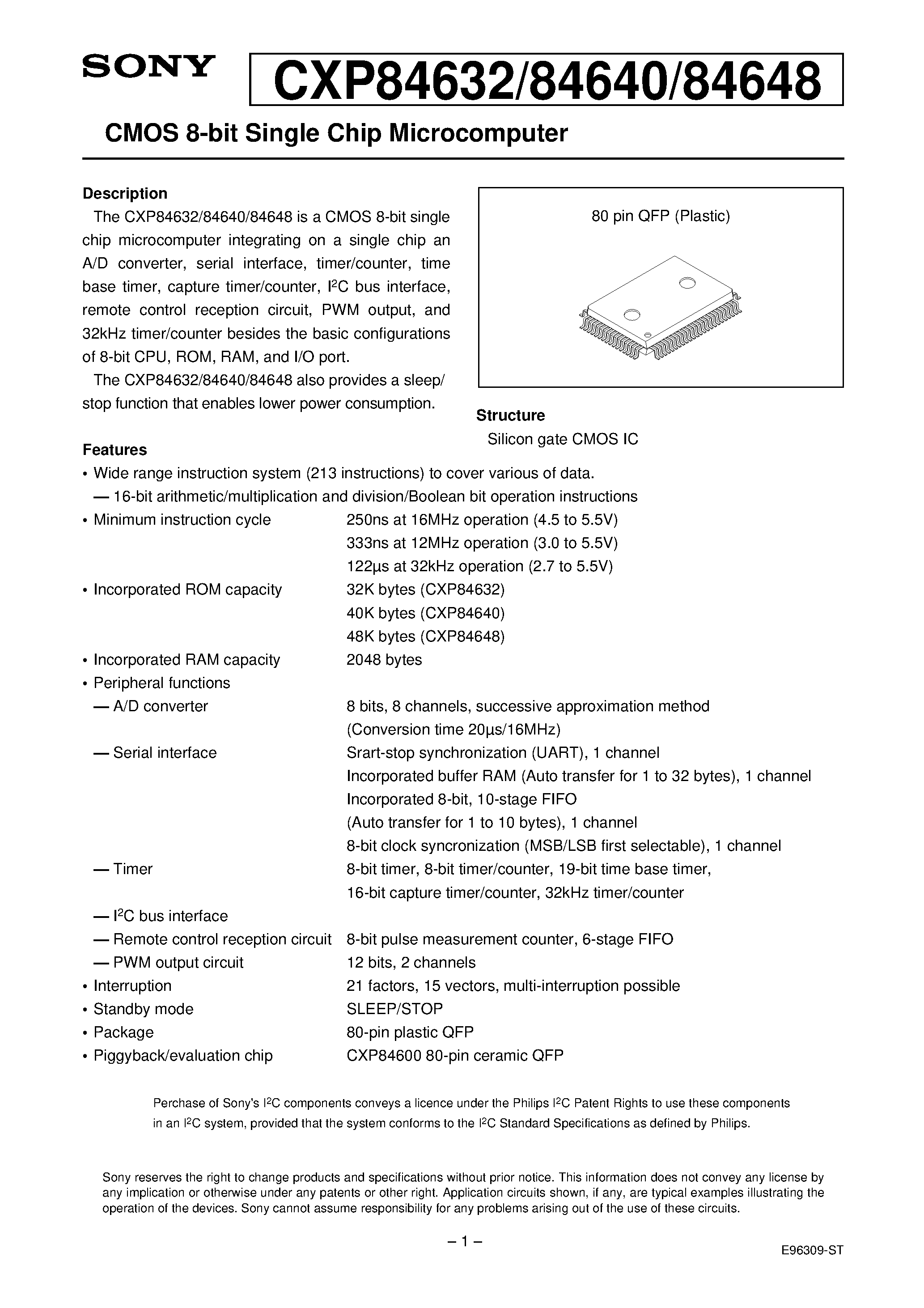 Даташит на микросхему CXP84632 страница 1 Даташит CXP84632 - CMOS 8-bit Single Chip Microcomputer страница 1
