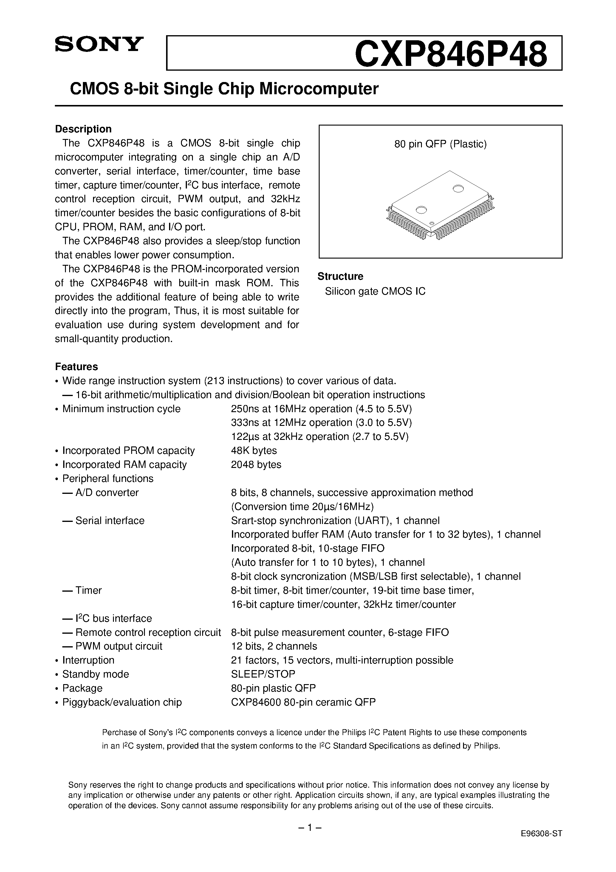 Даташит CXP846P48 - CMOS 8-bit Single Chip Microcomputer страница 1