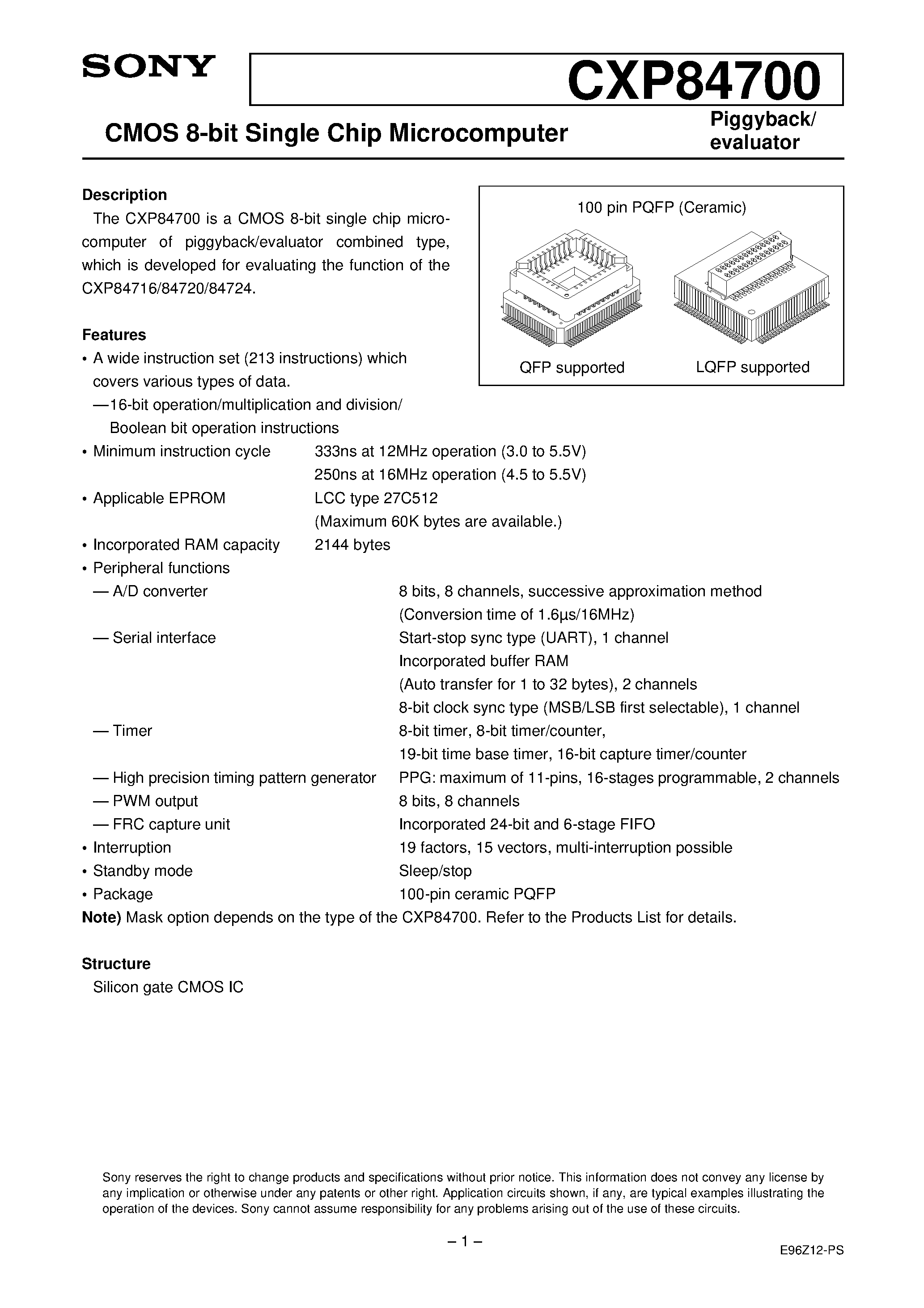Даташит CXP84700 - CMOS 8-bit Single Chip Microcomputer страница 1