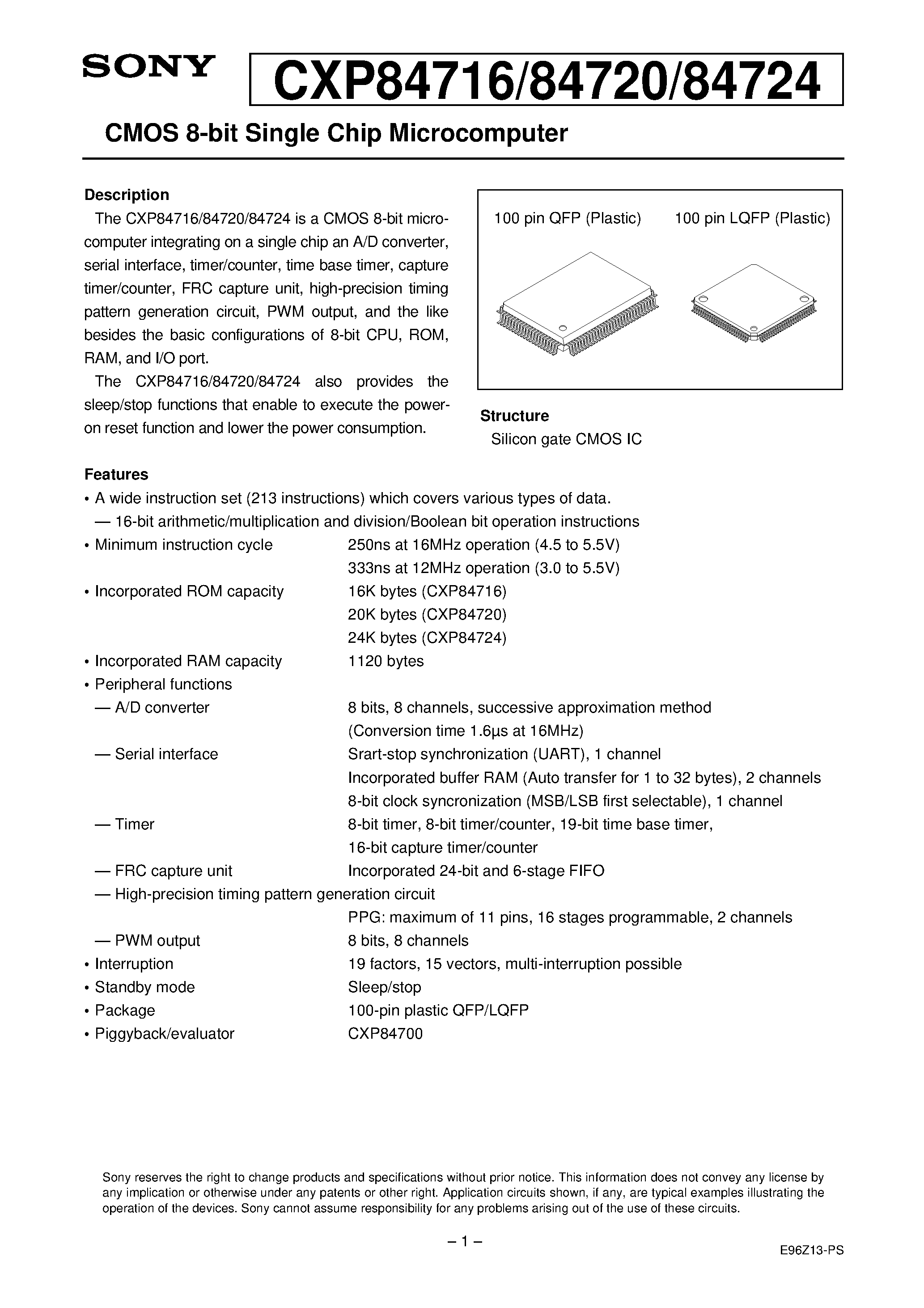 Даташит CXP84716 - CMOS 8-bit Single Chip Microcomputer страница 1