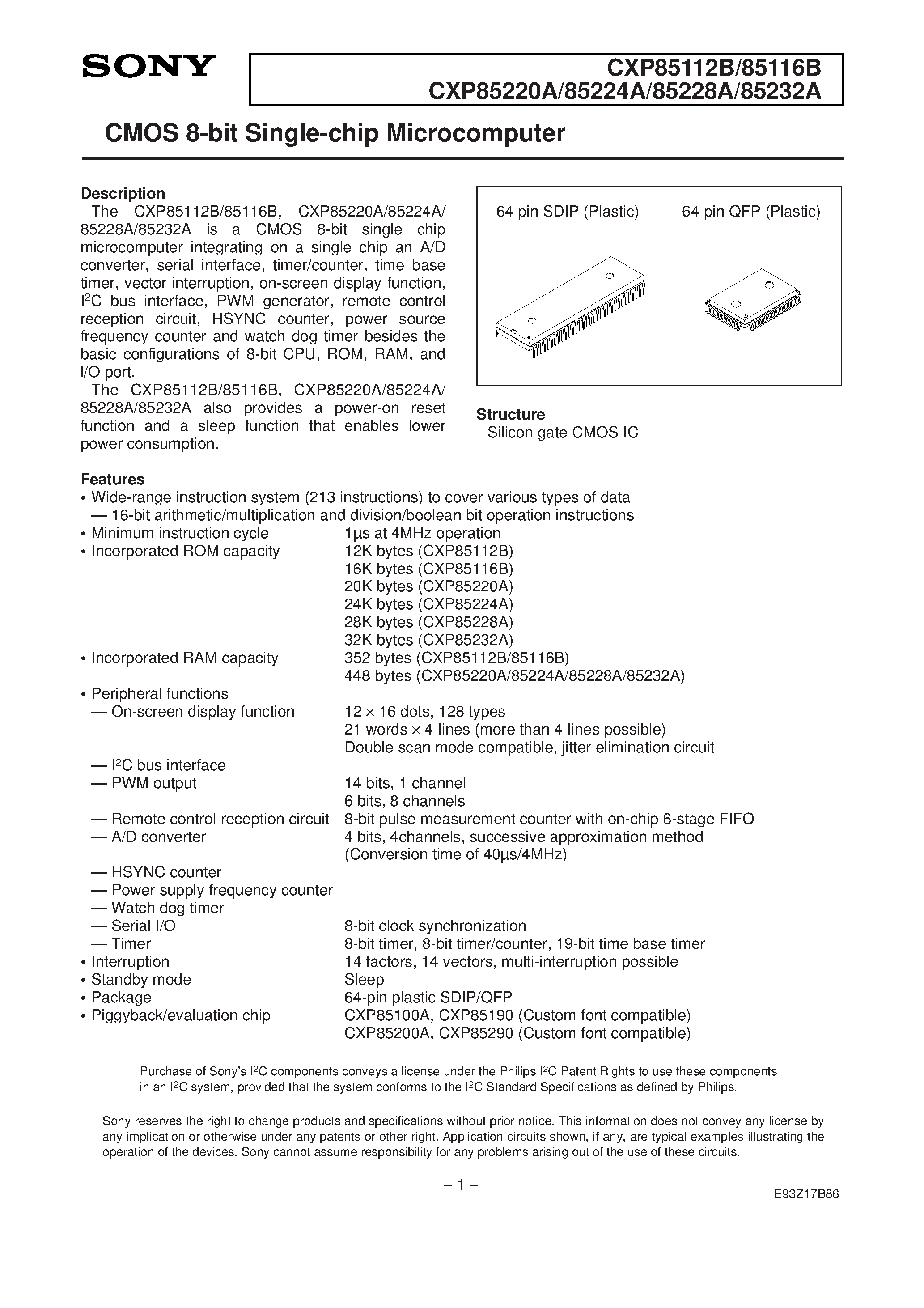 Даташит CXP85232A - CMOS 8-bit Single-chip Microcomputer страница 1