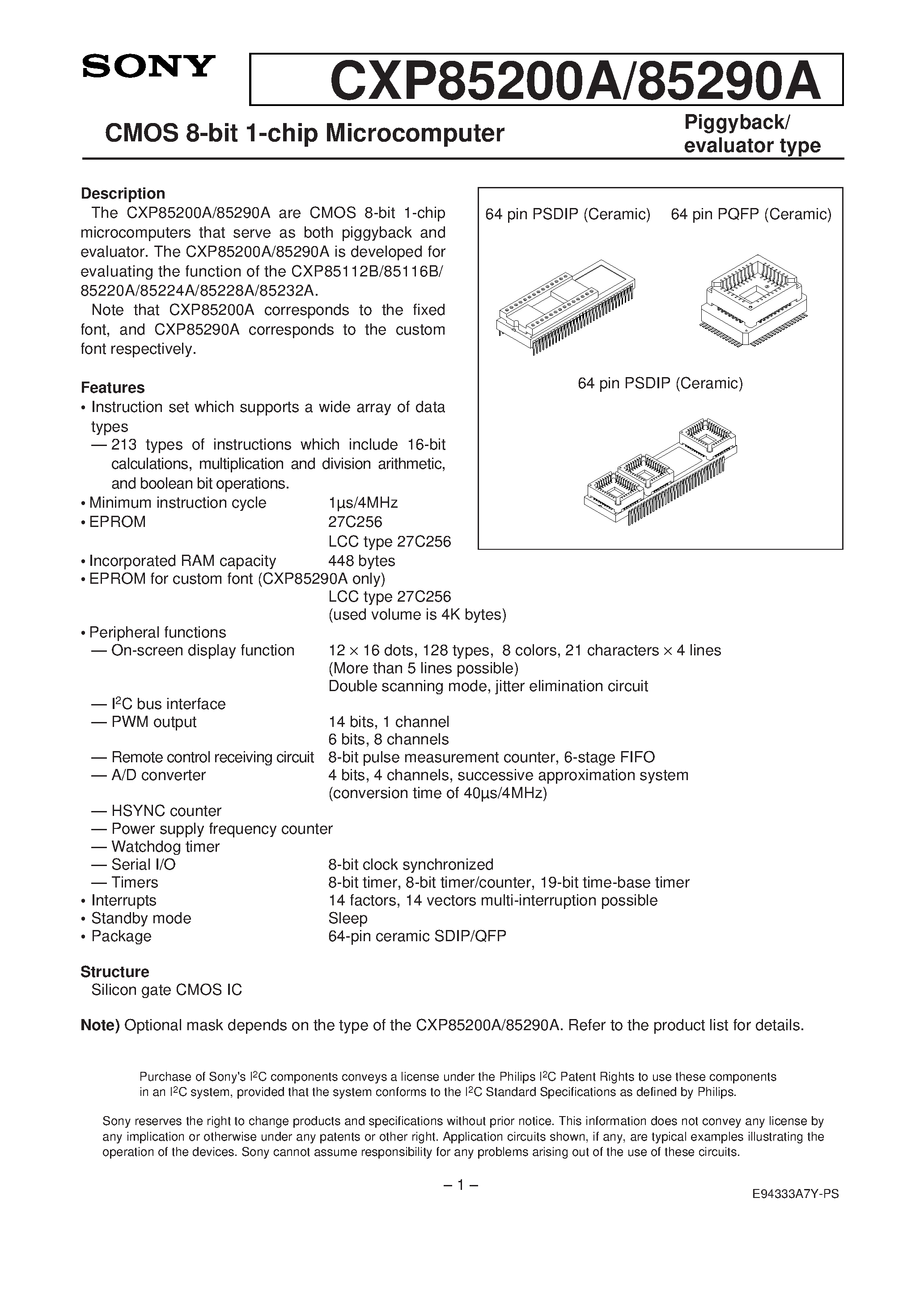 Даташит CXP85290A - CMOS 8-bit 1-chip Microcomputer страница 1
